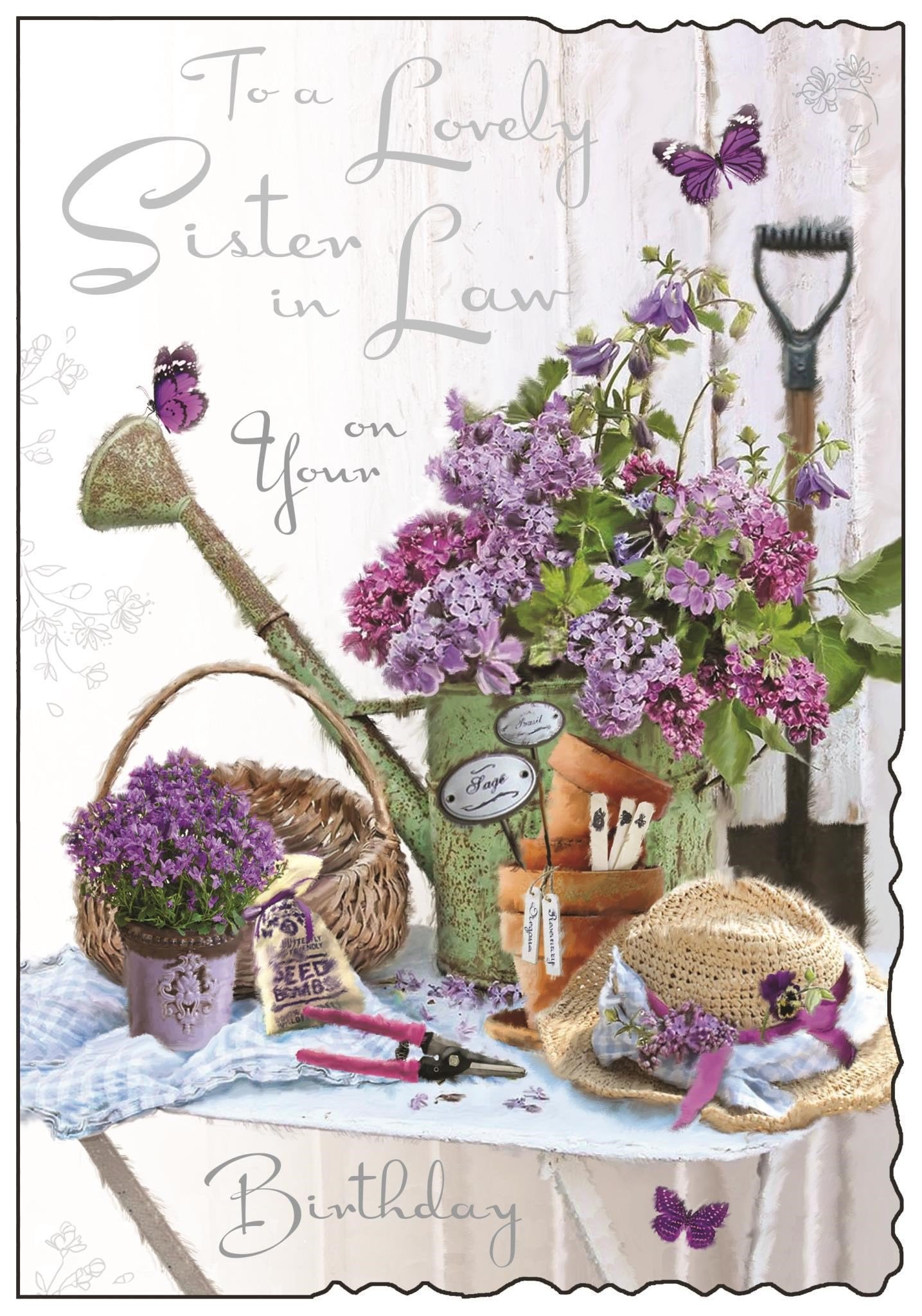 Front of Sister in Law Watering Can Birthday Greetings Card