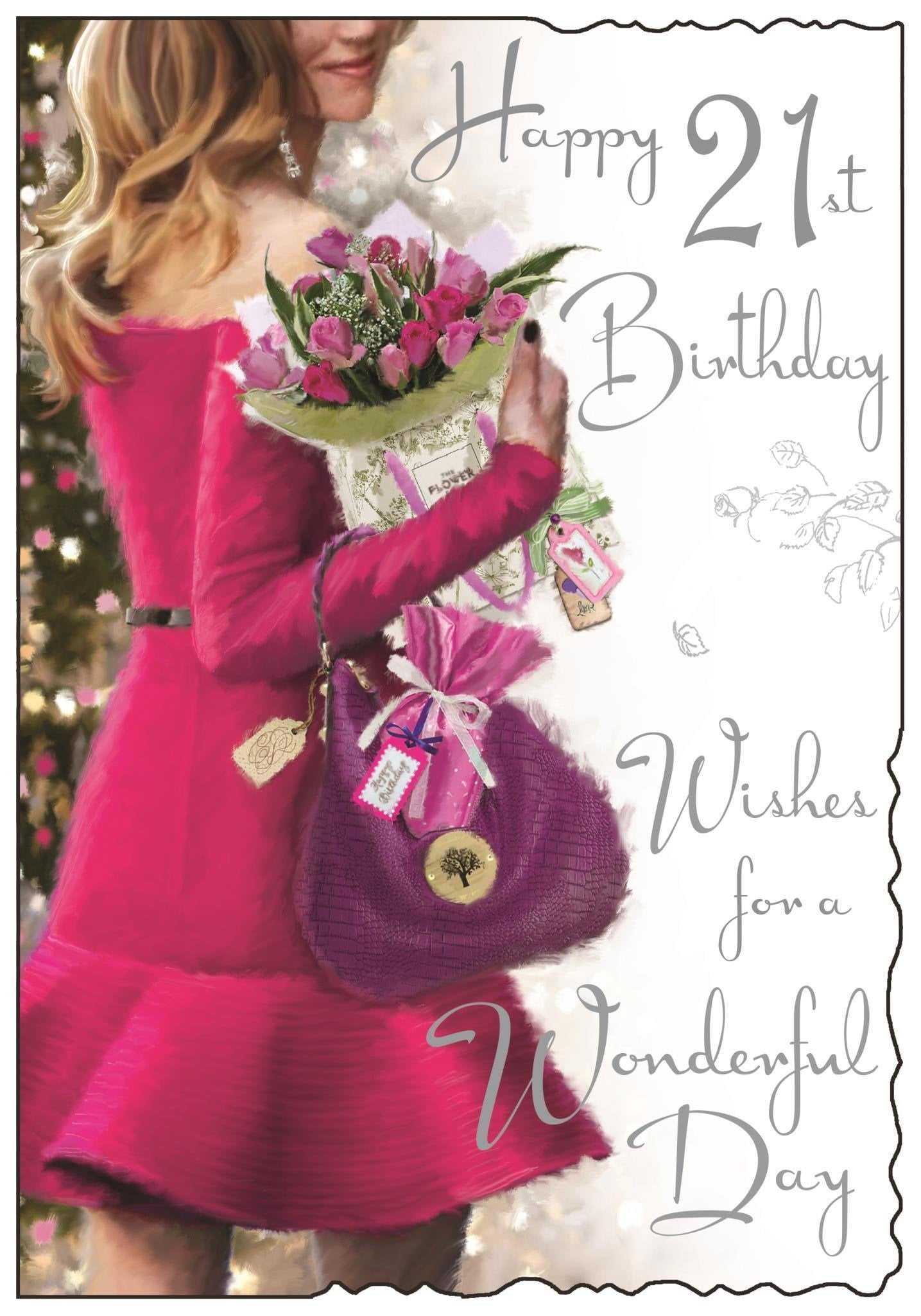 Front of 21st Birthday Pink Bag Greetings Card