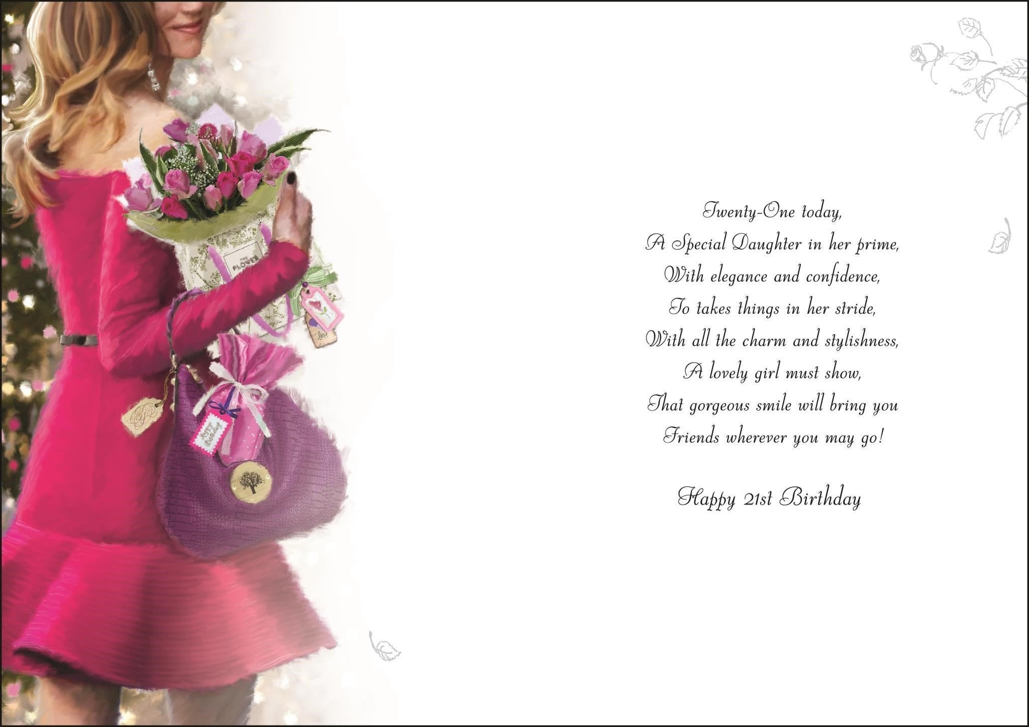 Inside of Daughter 21st Birthday Pink Bag Greetings Card