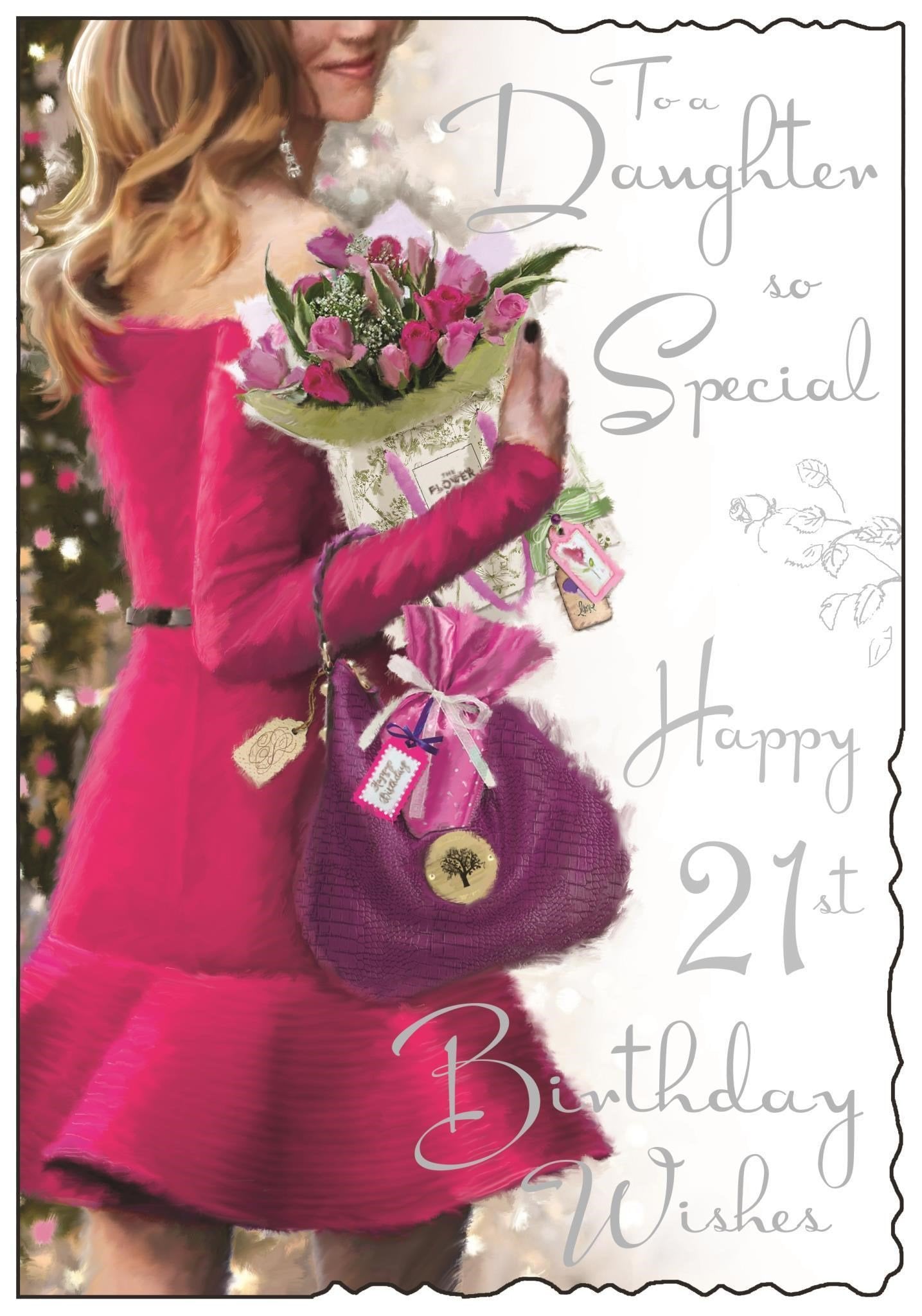 Front of Daughter 21st Birthday Pink Bag Greetings Card