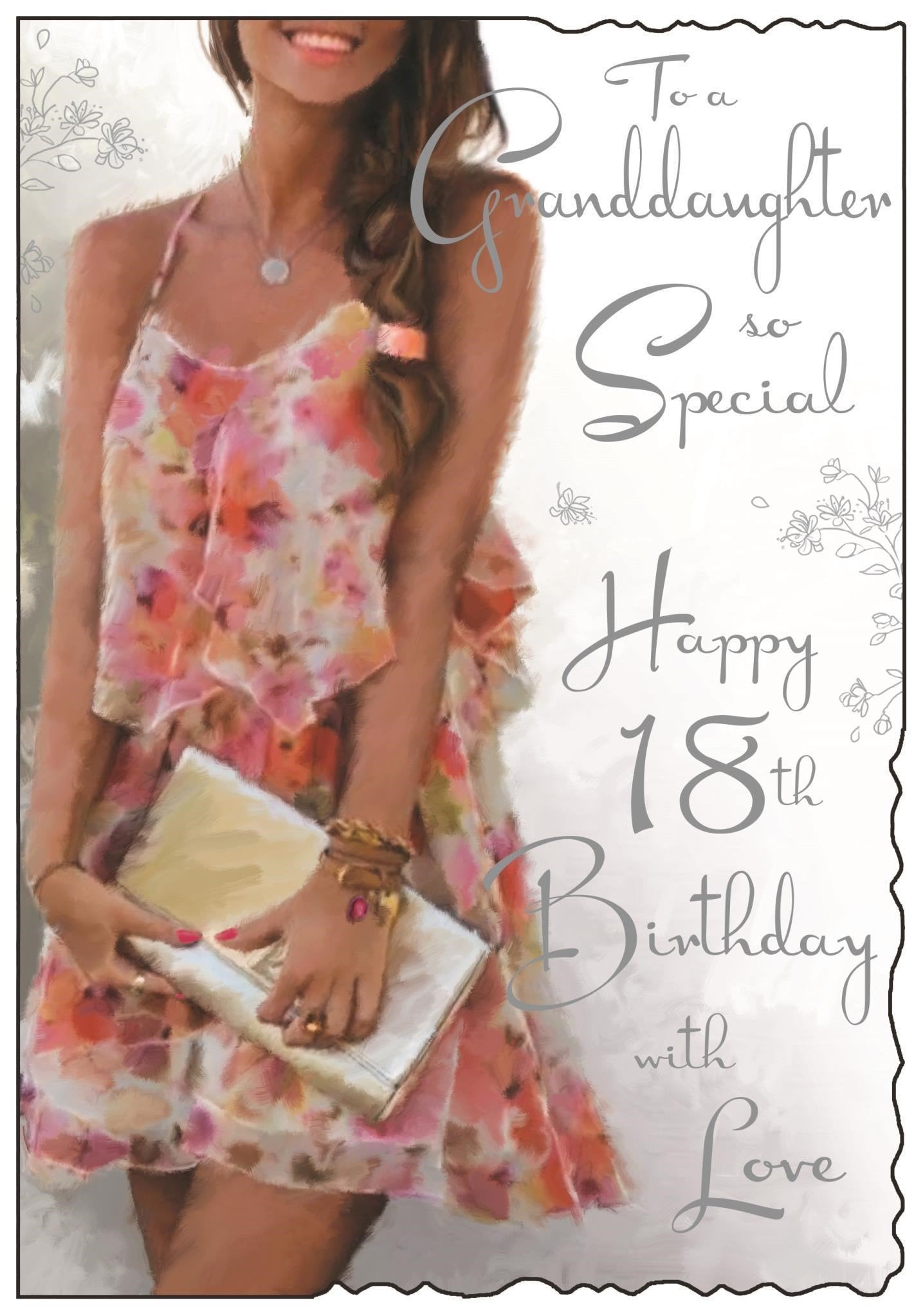 Front of Granddaughter 18th Birthday Peach Dress Greetings Card