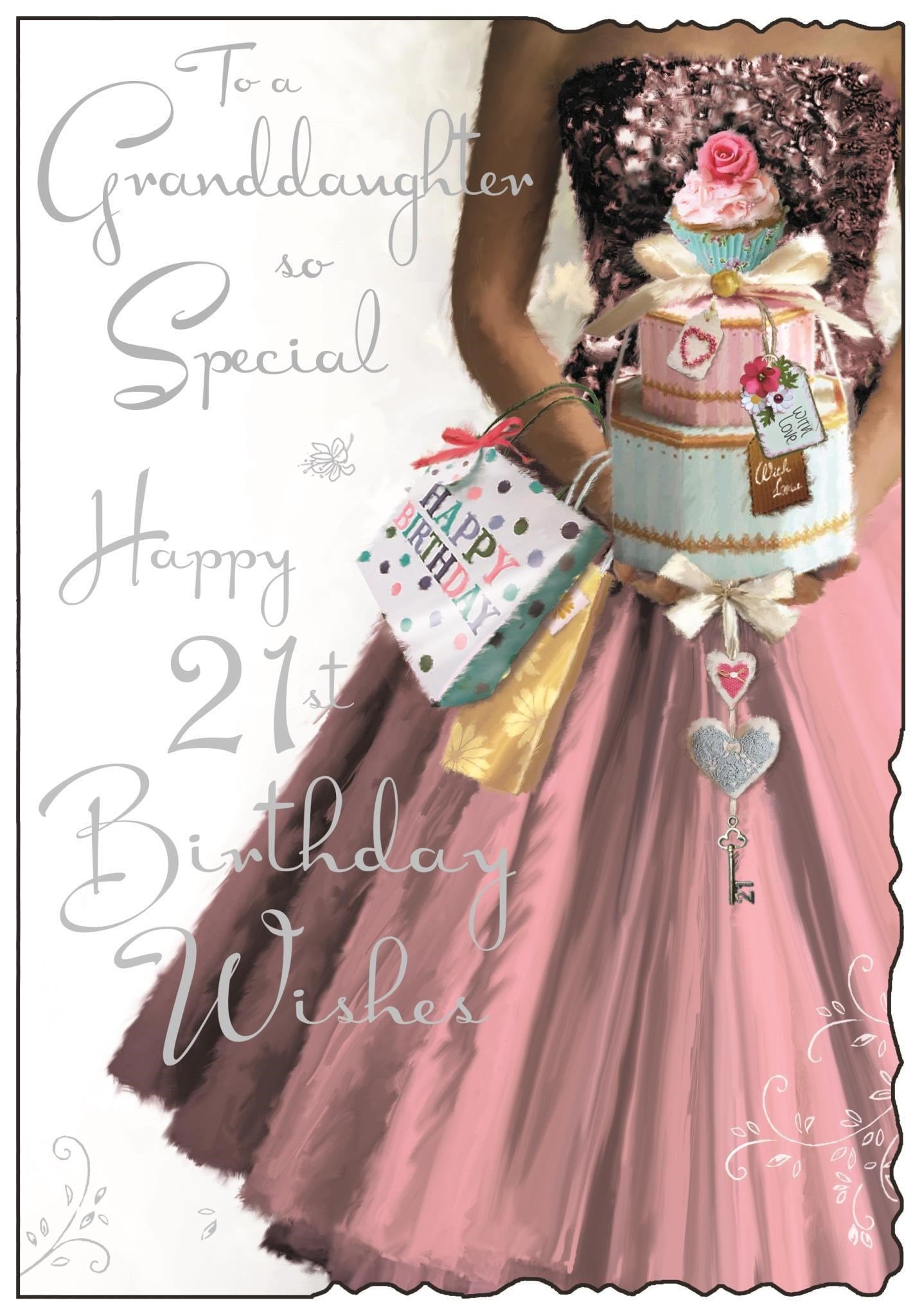 Front of Granddaughter 21st Birthday Pink Dress Greetings Card