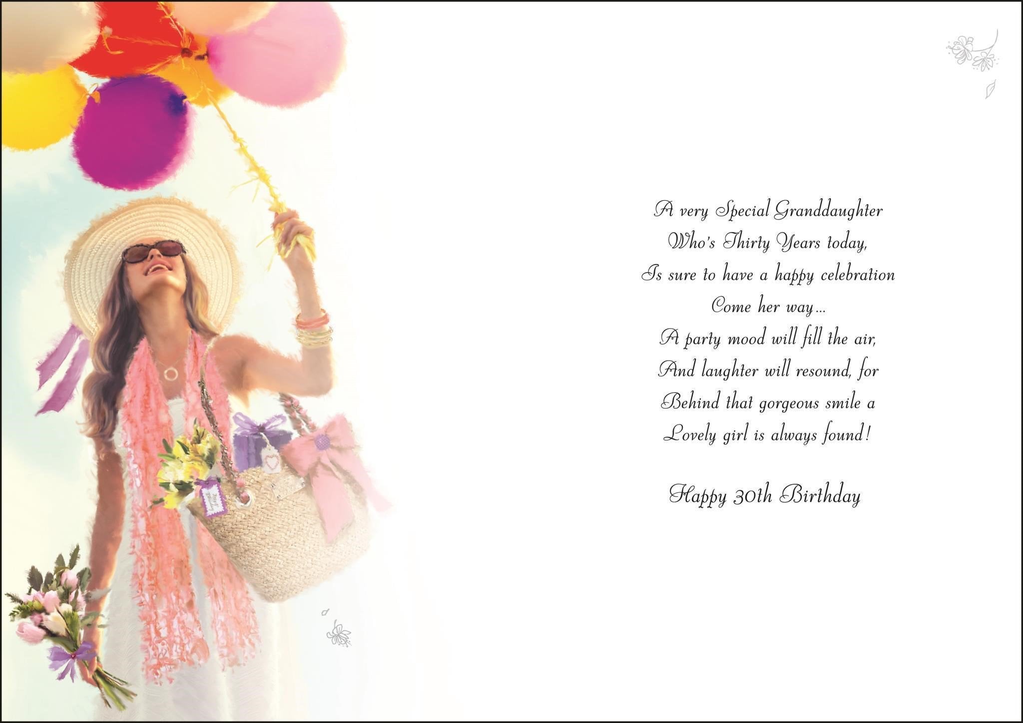 Inside of Granddaughter 30th Birthday Dress Greetings Card