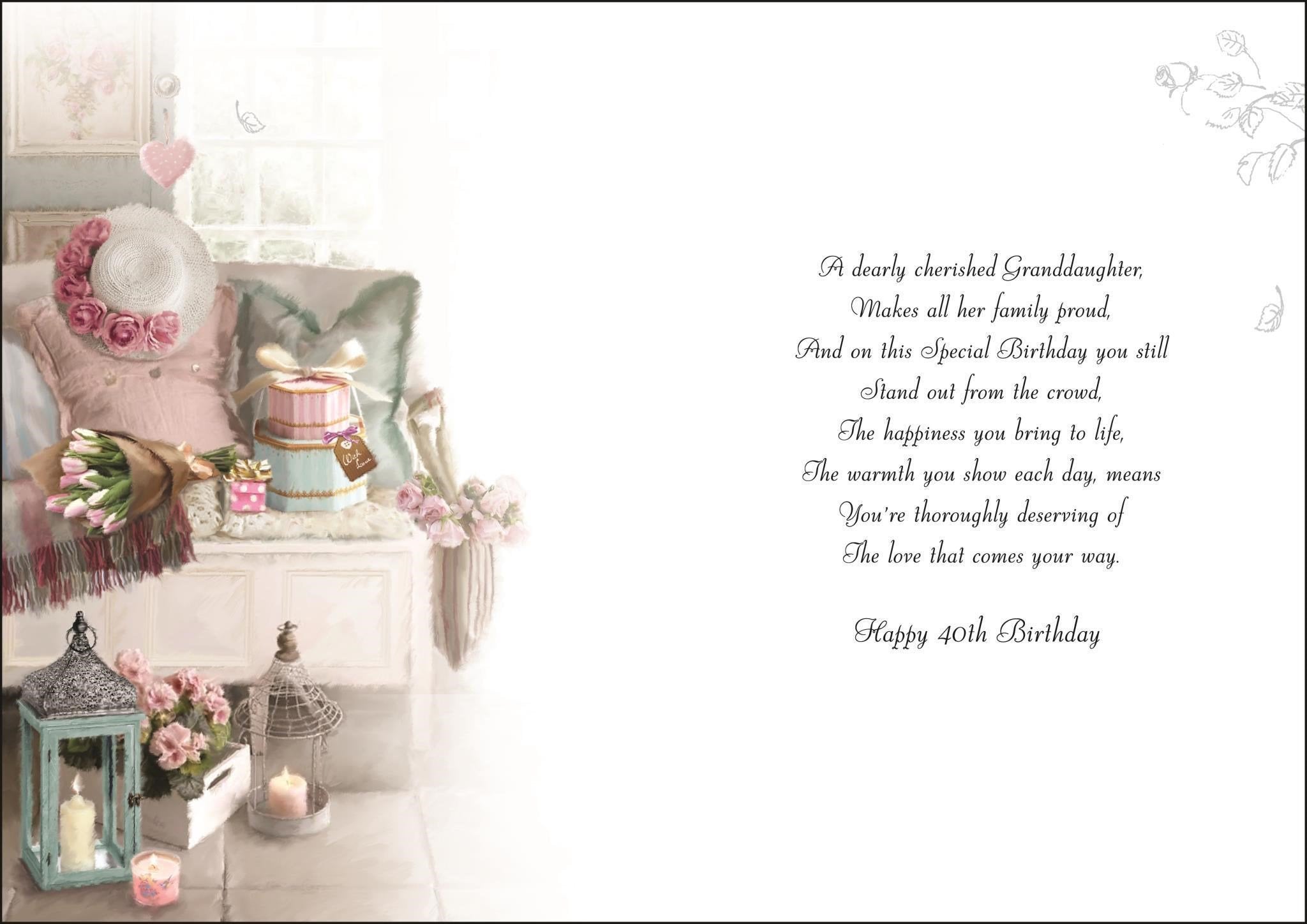 Inside of Granddaughter 40th Birthday Love Greetings Card