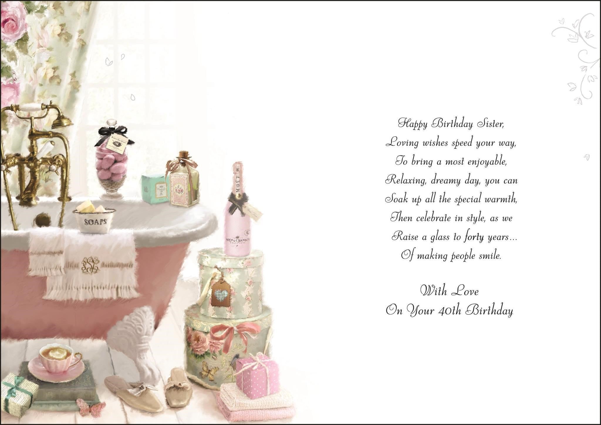 Inside of Sister 40th Birthday Bathroom Greetings Card