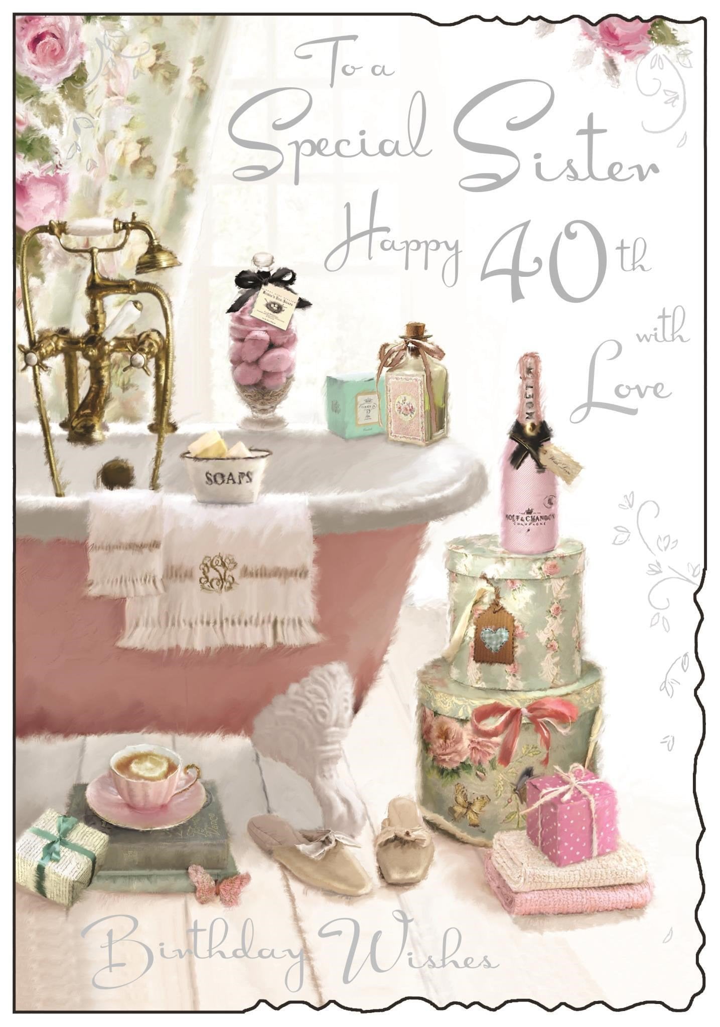 Front of Sister 40th Birthday Bathroom Greetings Card