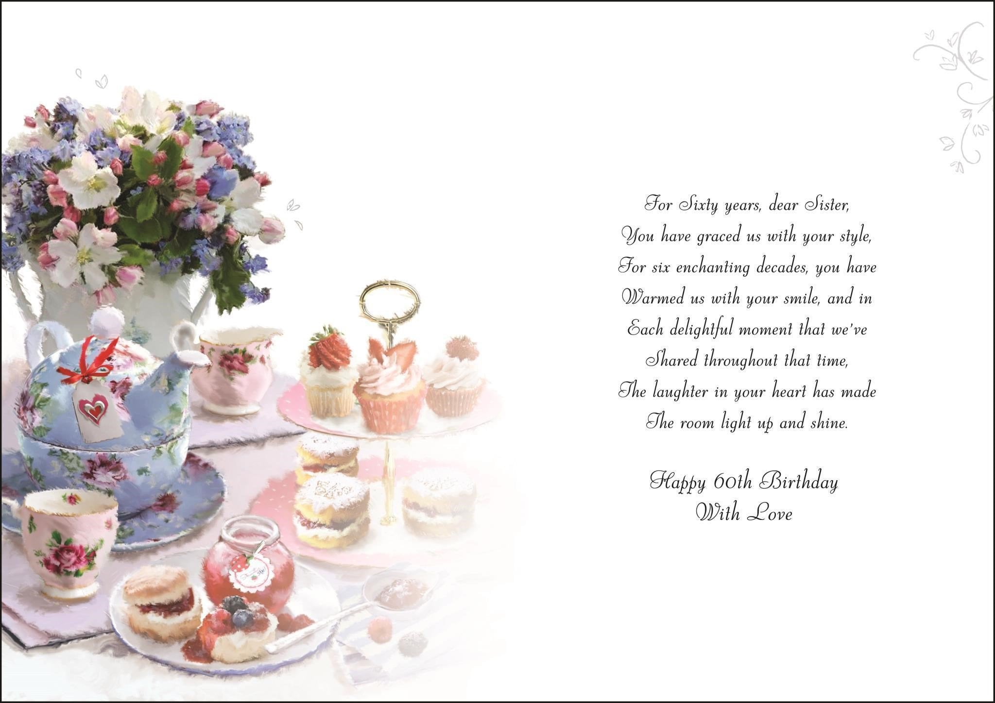 Inside of Sister 60th Birthday Cakes Greetings Card
