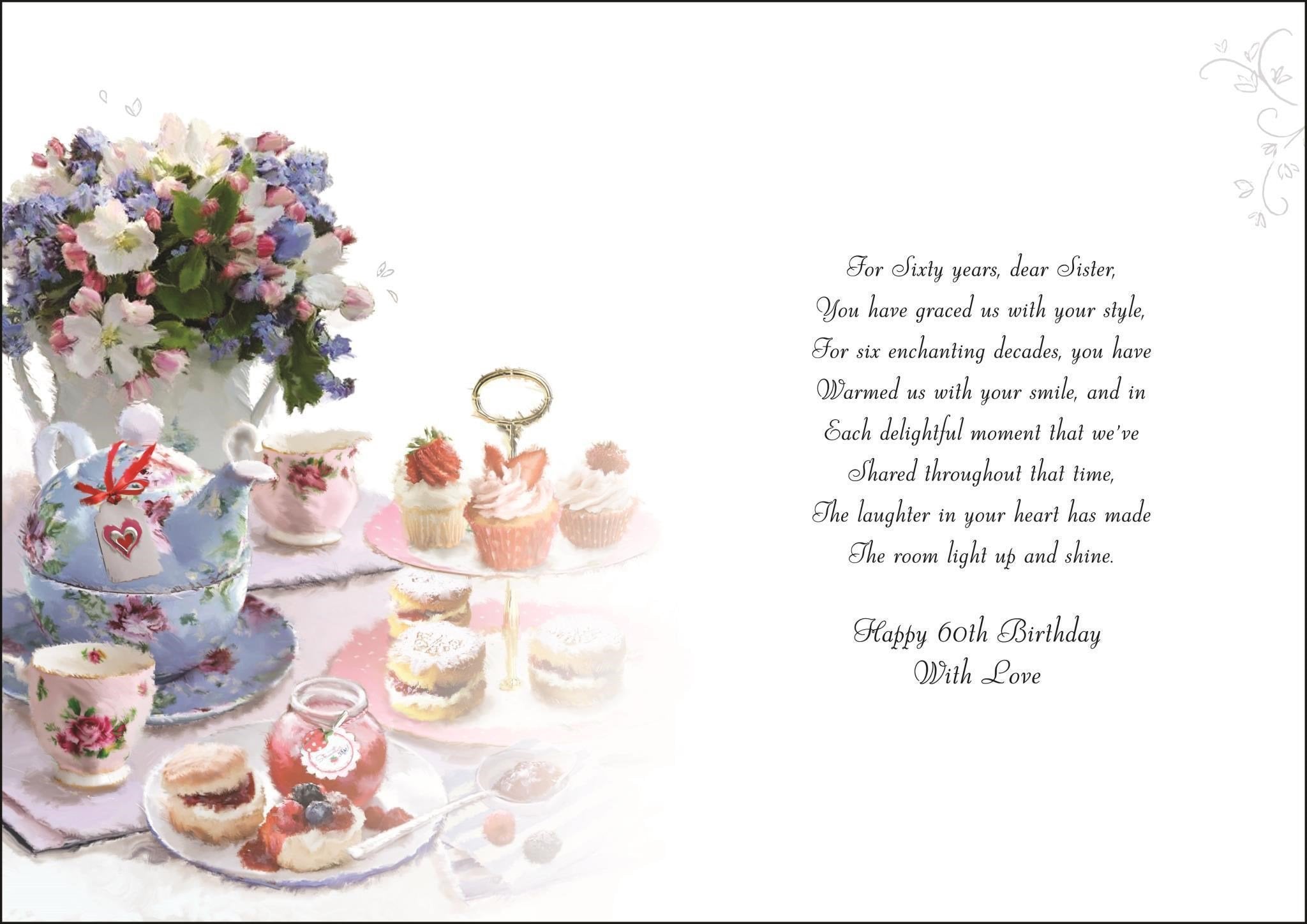 Inside of Sister 60th Birthday Cakes Greetings Card