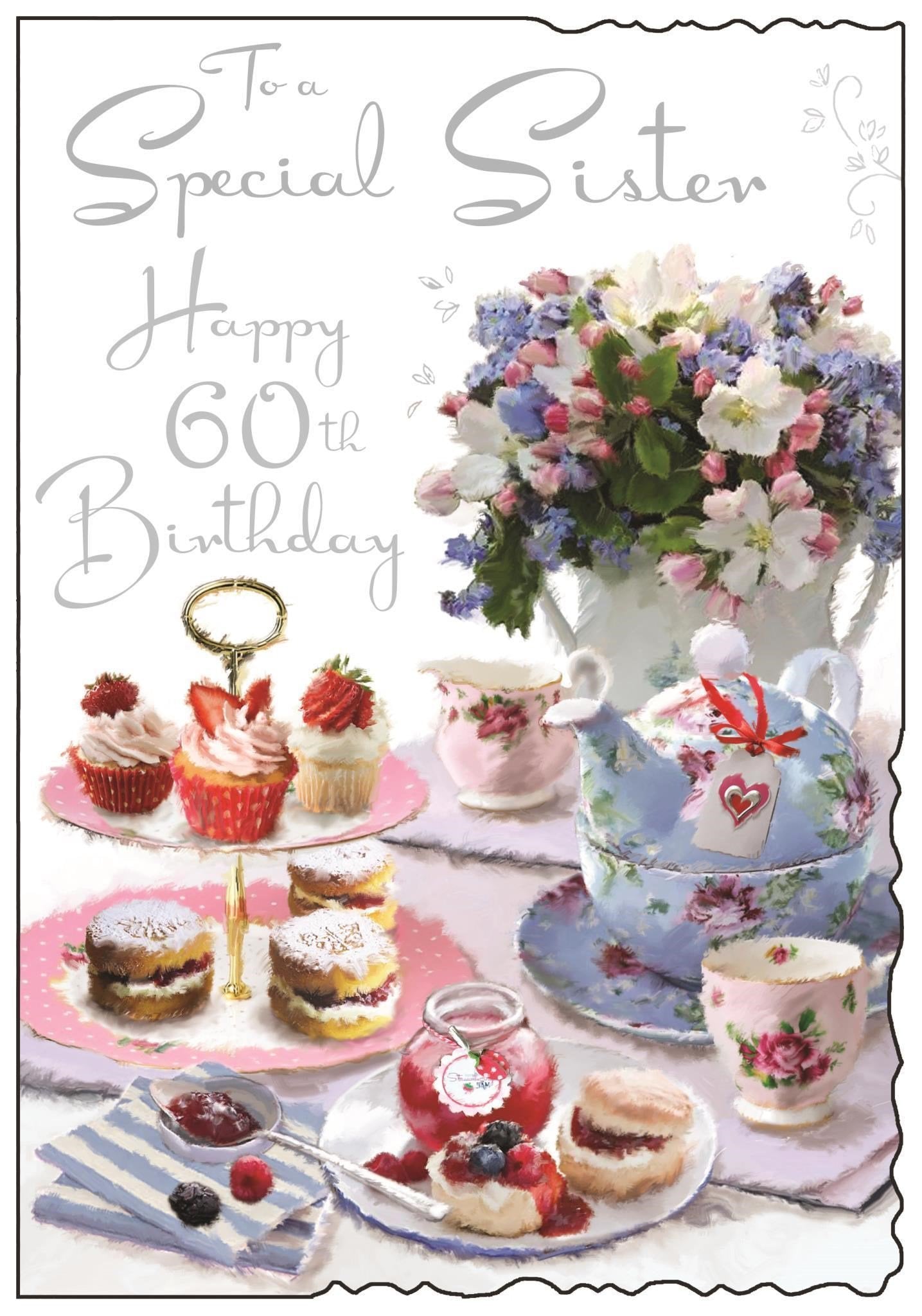 Front of Sister 60th Birthday Cakes Greetings Card