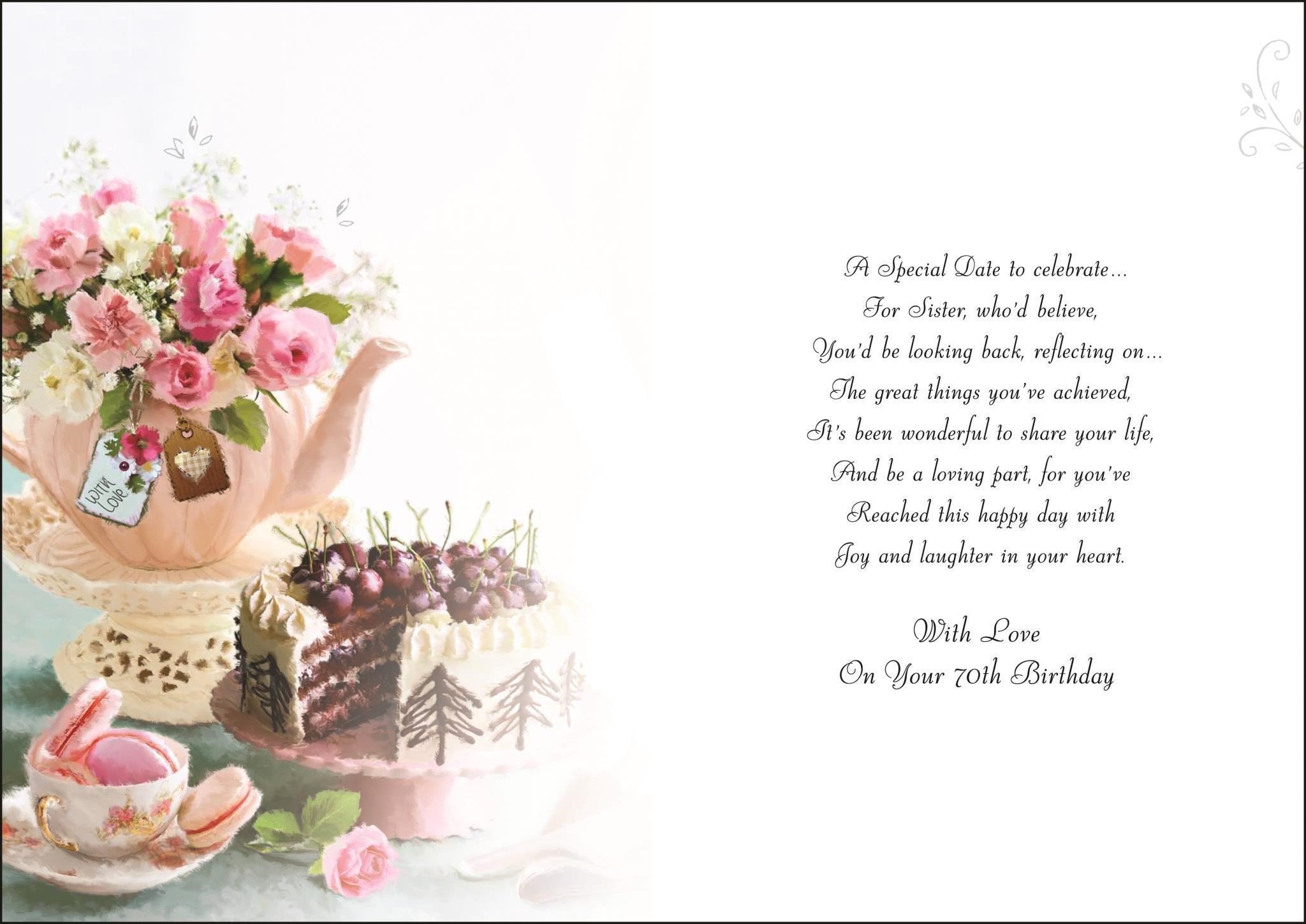 Inside of Sister 70th Birthday Cake Greetings Card
