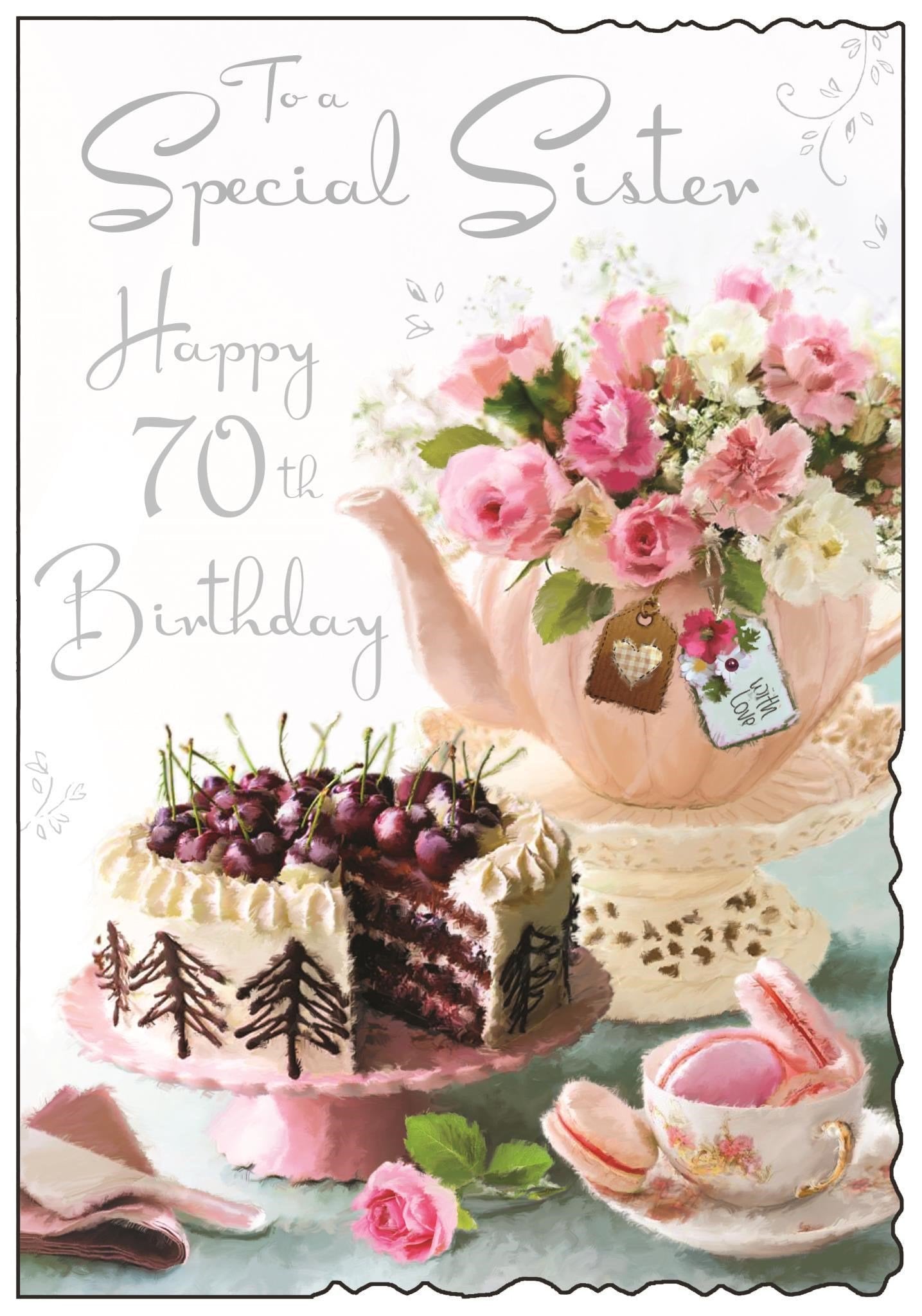 Front of Sister 70th Birthday Cake Greetings Card