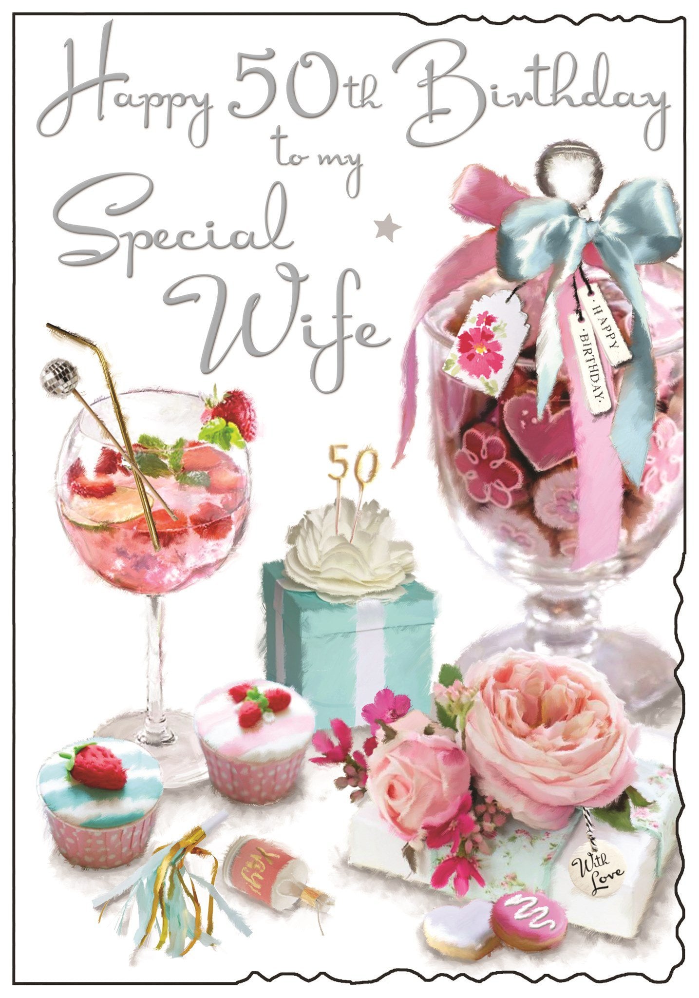 Front of Wife 50th Birthday Cakes Greetings Card