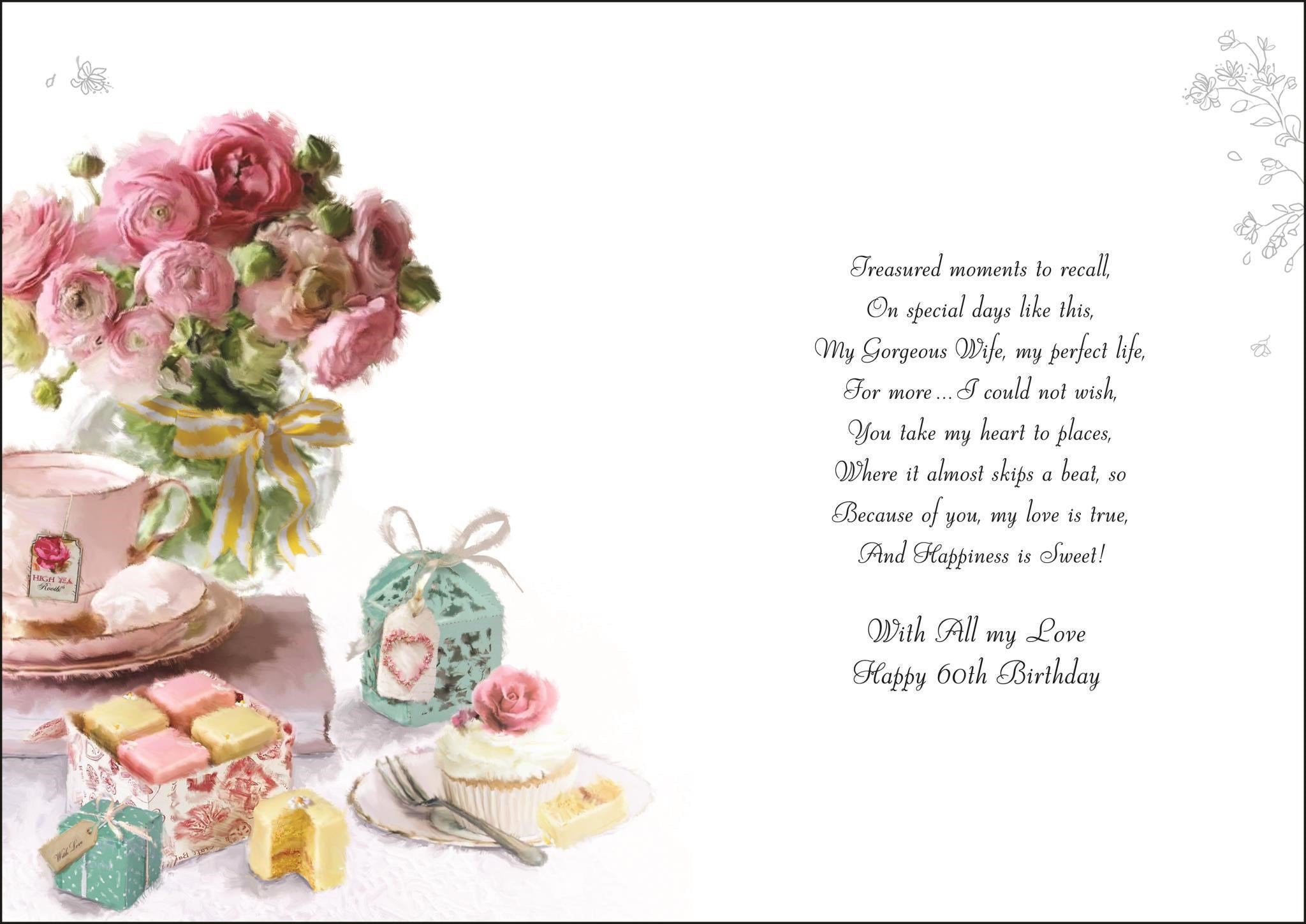 Inside of Wife 60th Birthday Cakes Greetings Card