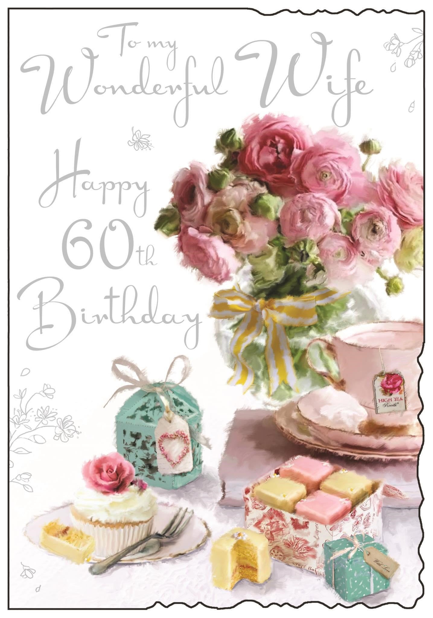 Front of Wife 60th Birthday Cakes Greetings Card
