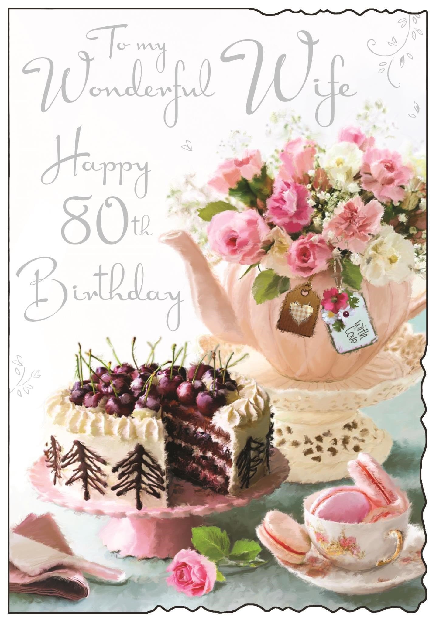 Front of Wife 80th Birthday Cake Greetings Card