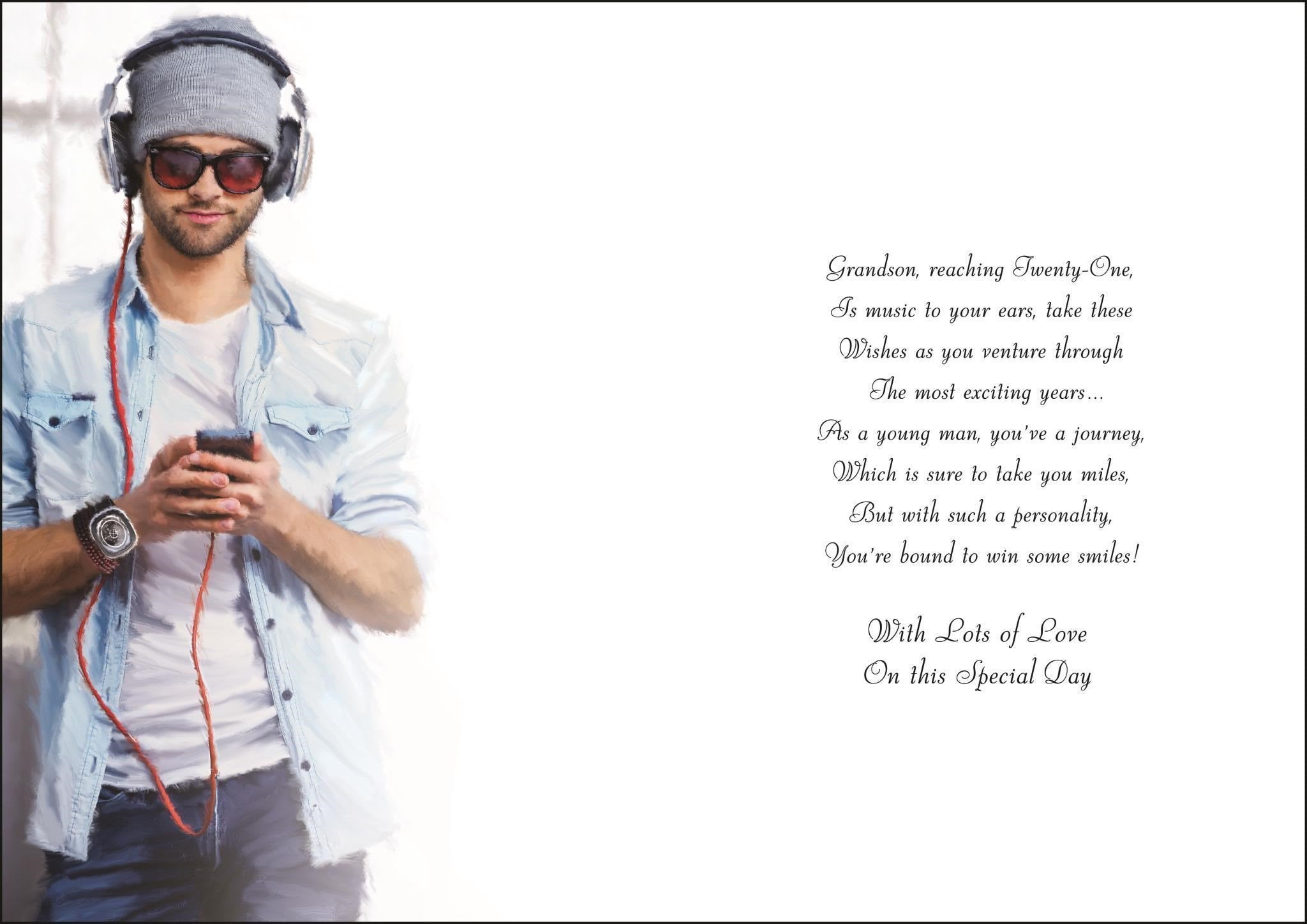 Inside of Grandson 21st Birthday Music Greetings Card