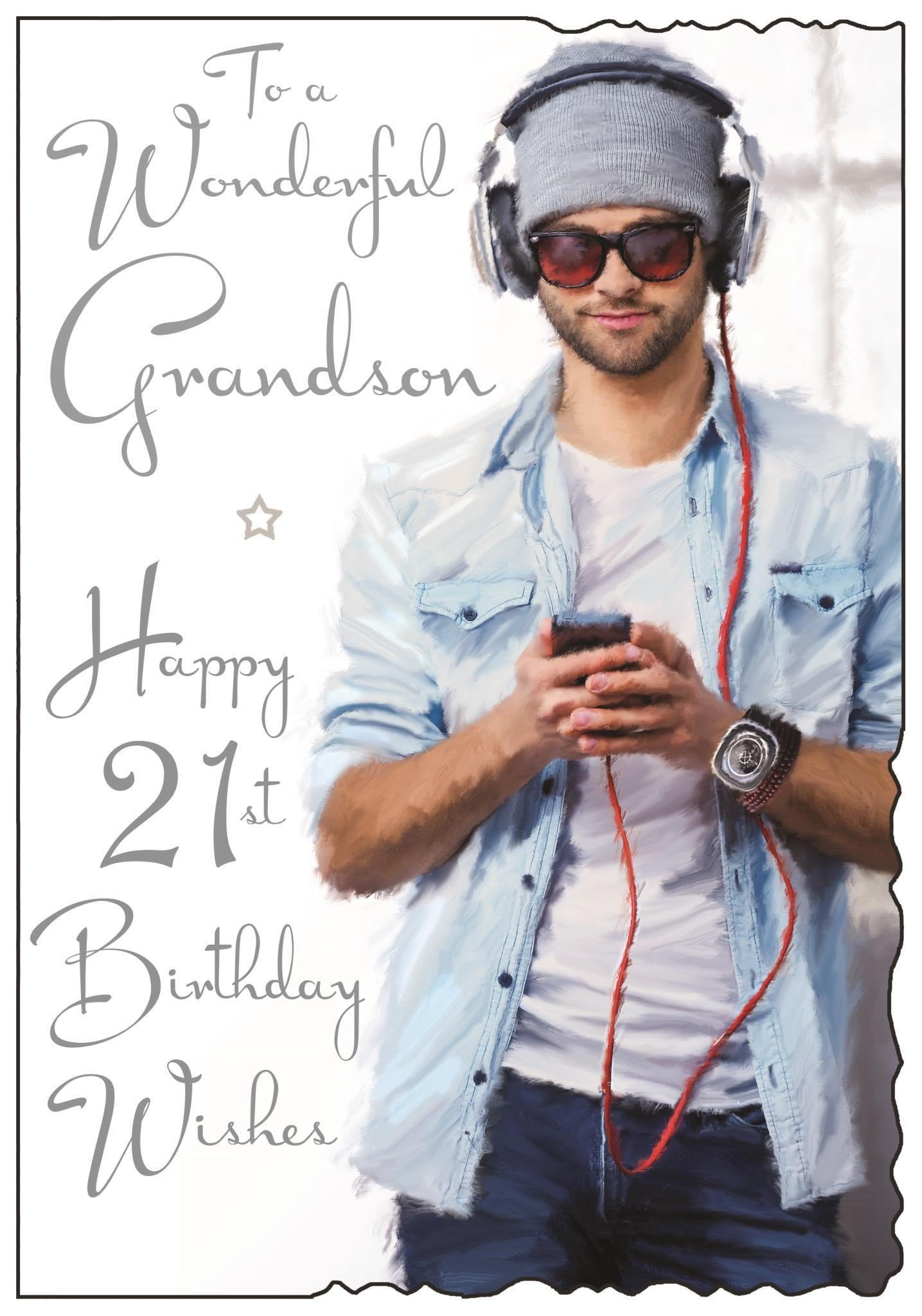 Front of Grandson 21st Birthday Music Greetings Card