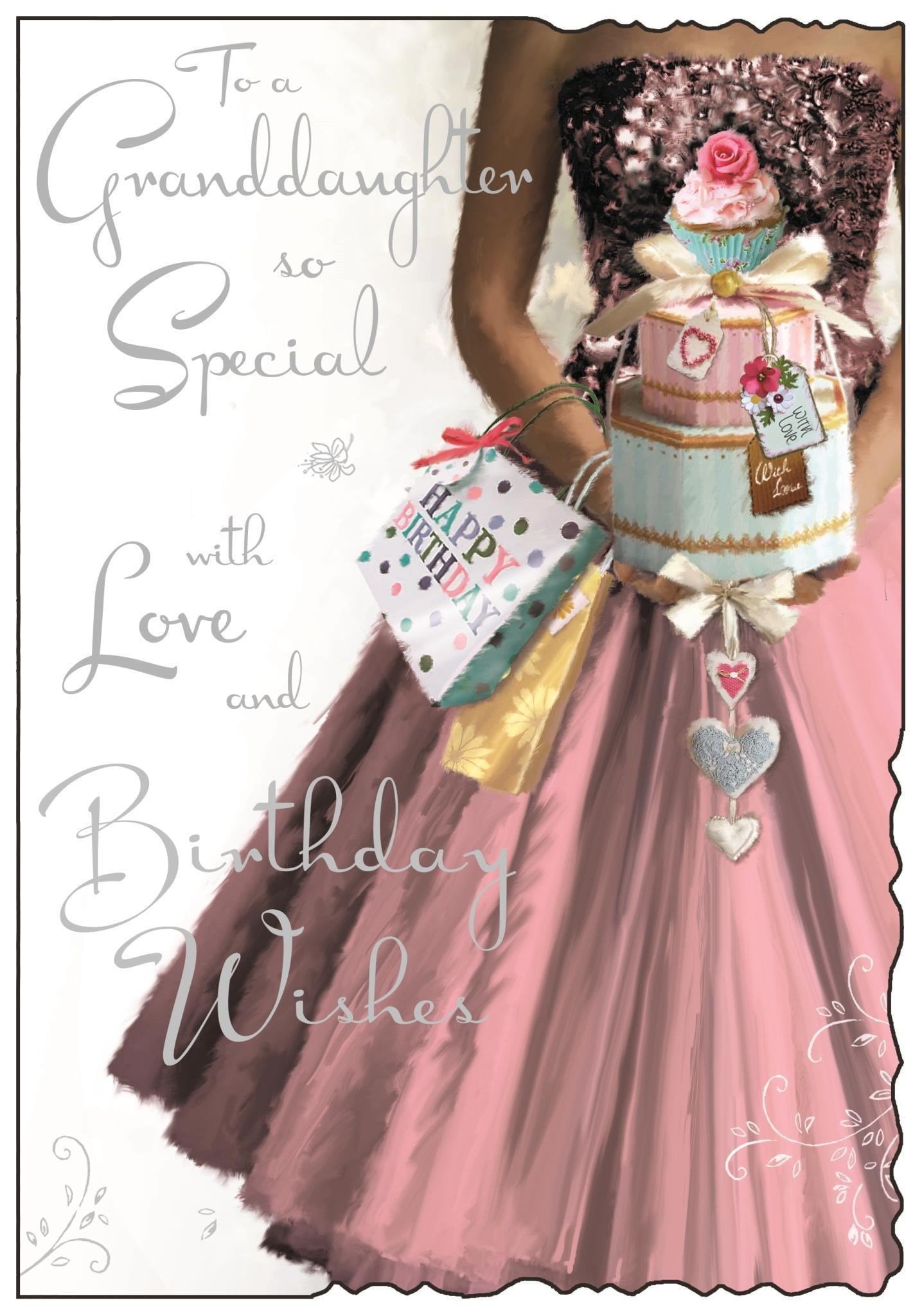 Front of Granddaughter Pink Dress Birthday Greetings Card