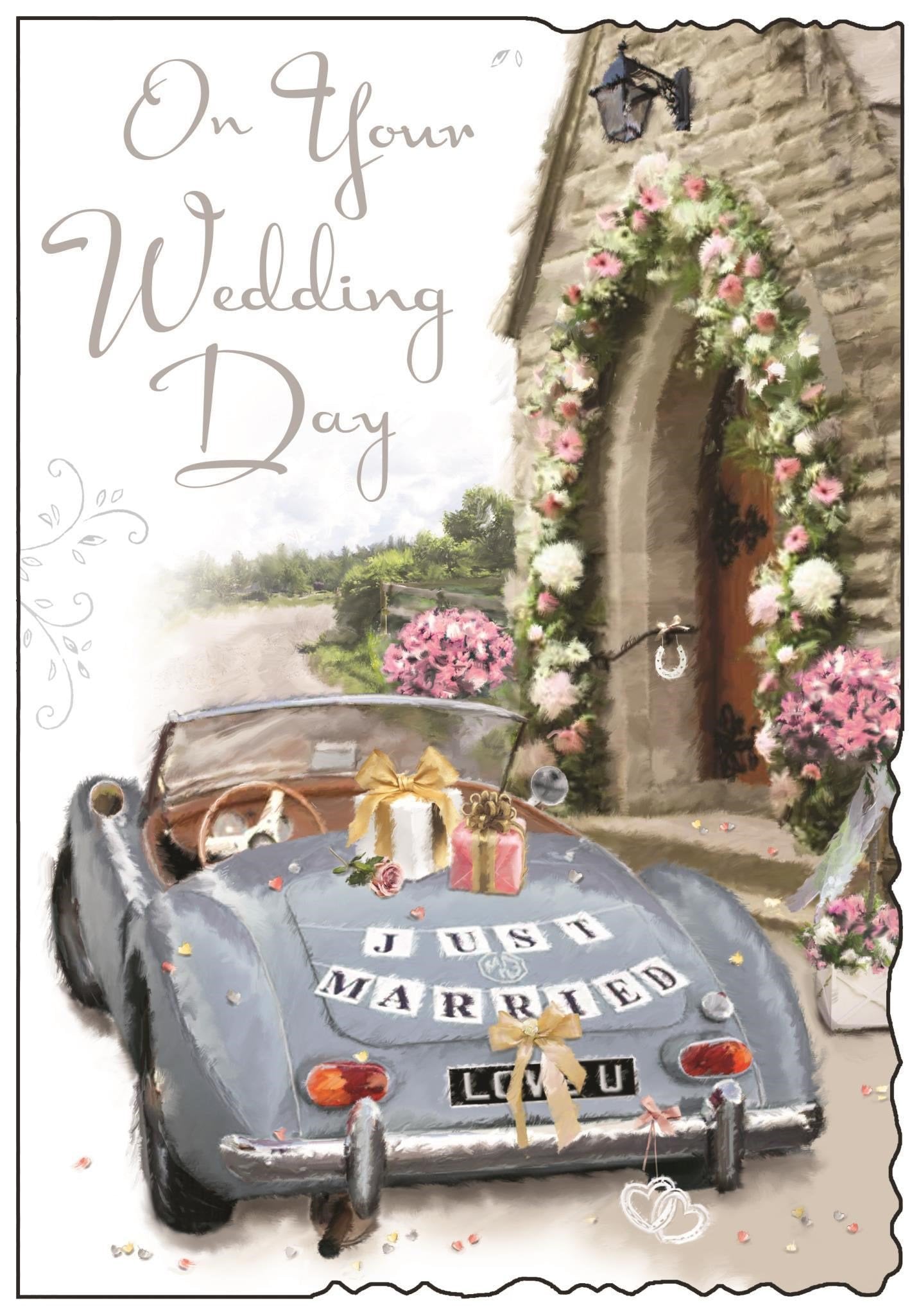 Front of On Your Wedding Day Church Car Greetings Card