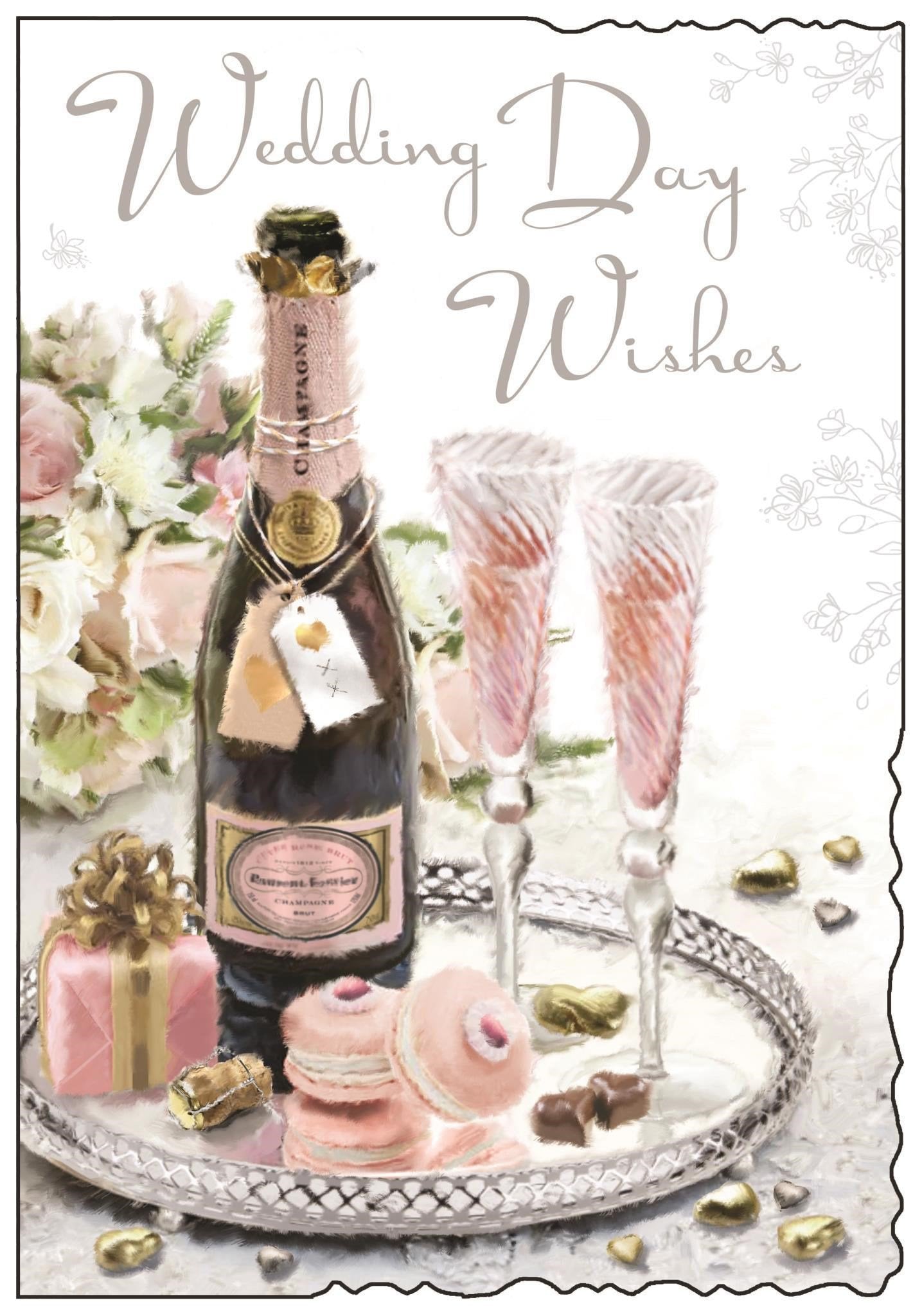 Front of Wedding Day Wishes Pink Champagne Greetings Card