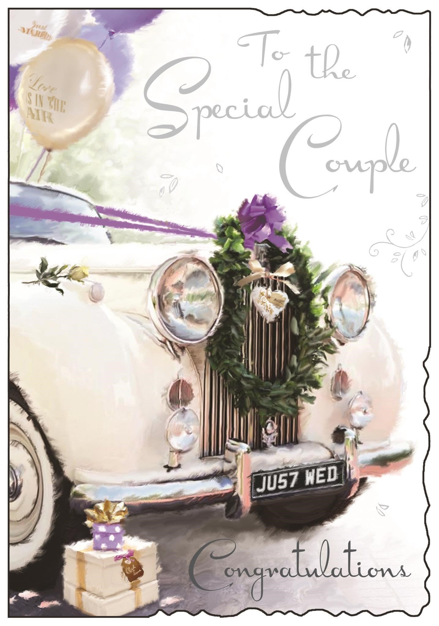 Front of Special Couple White Car Greetings Card