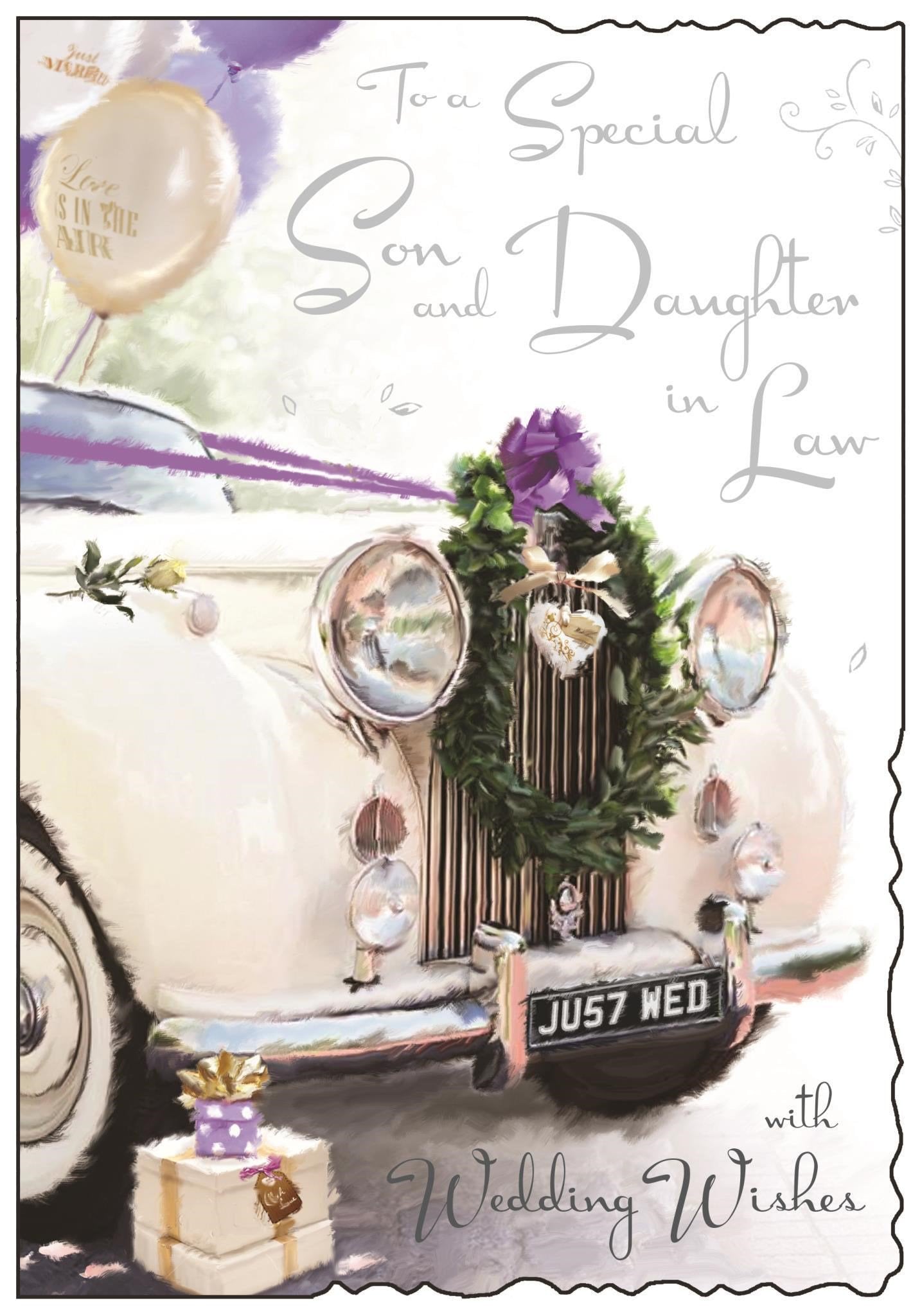 Front of Wedding Son & DIL White Car Greetings Card