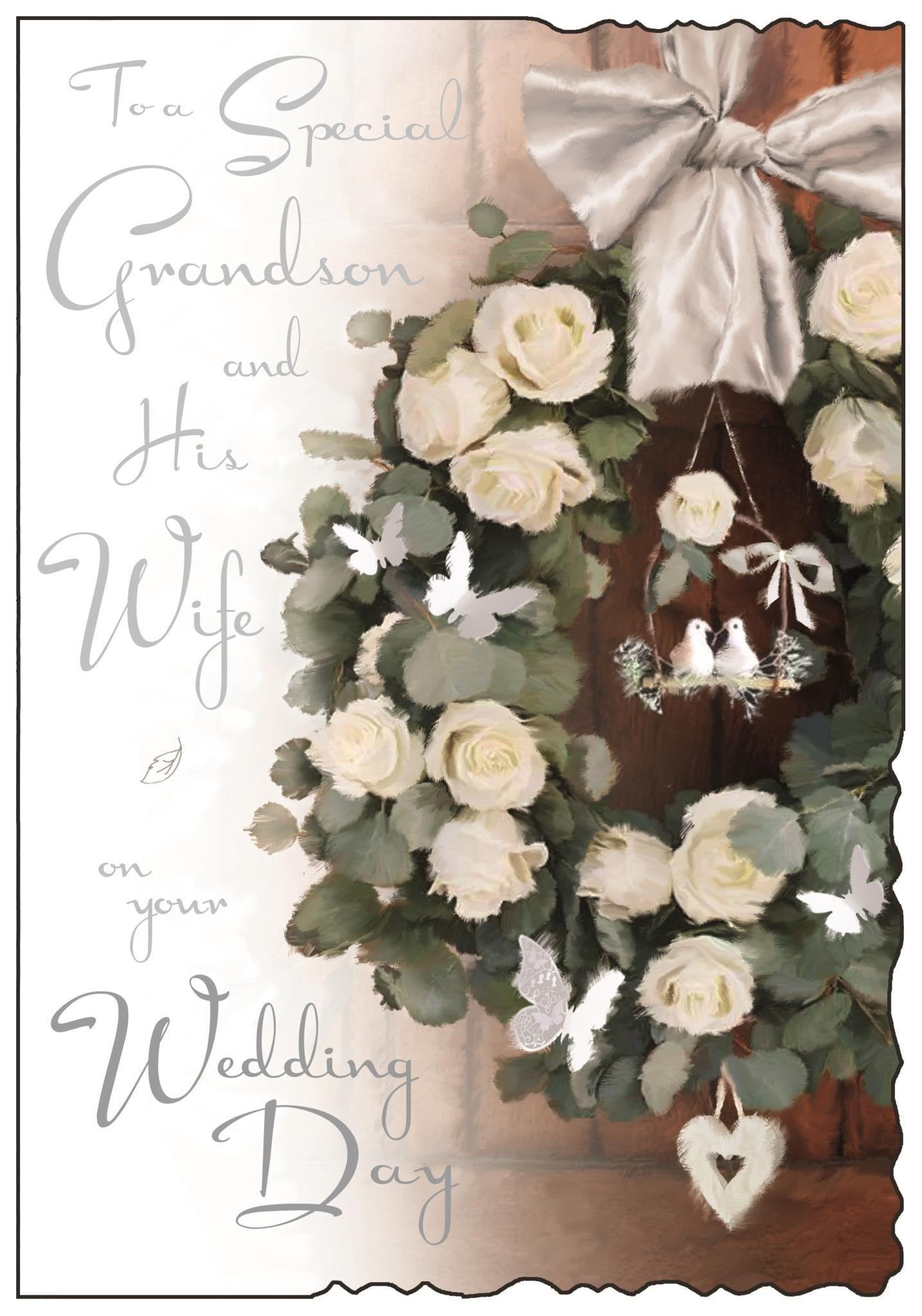 Front of Wedding Grandson & Wife Flowers Greetings Card
