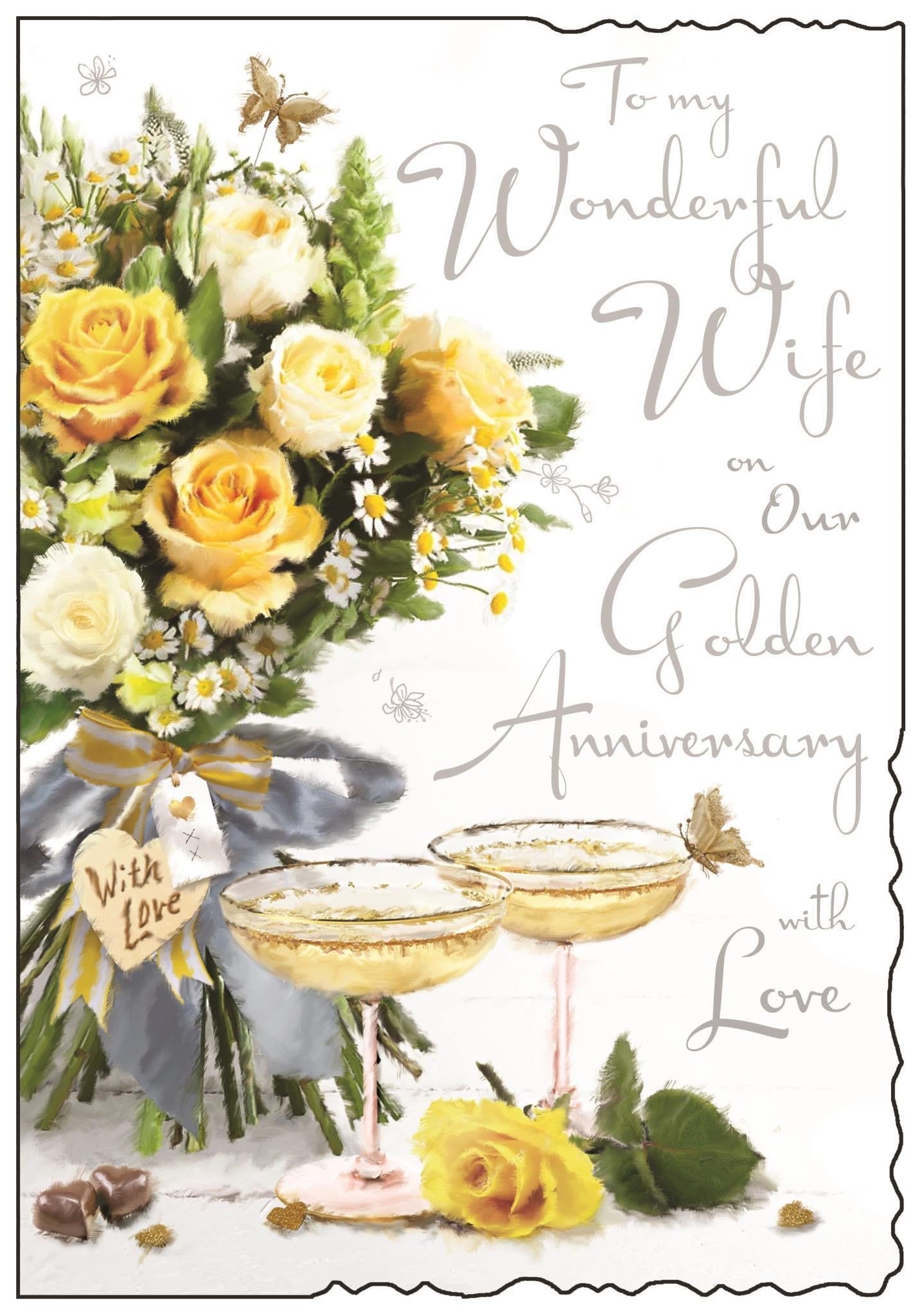 Front of Wife Golden Anniversary Bouquet Greetings Card