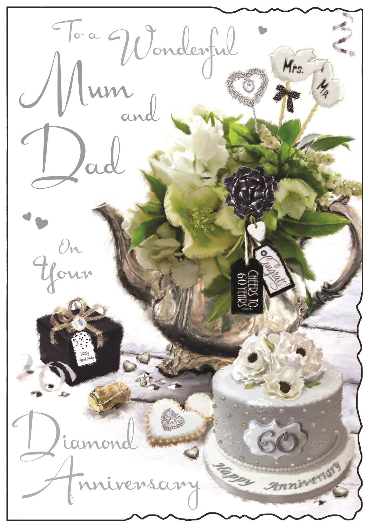 Front of Mum & Dad Diamond Anniversary Teapot Greetings Card