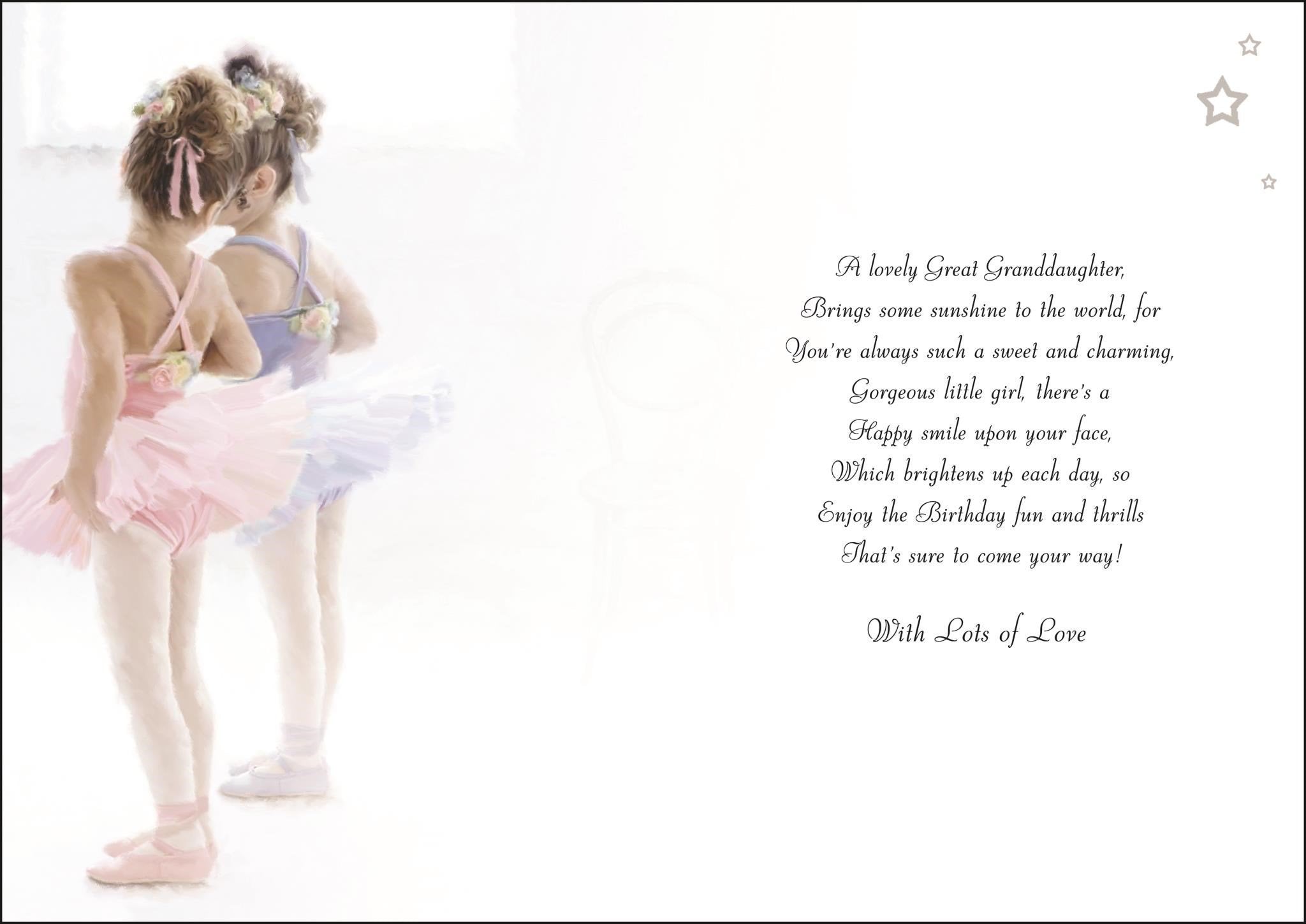 Inside of Great Granddaughter Ballet Birthday Greetings Card