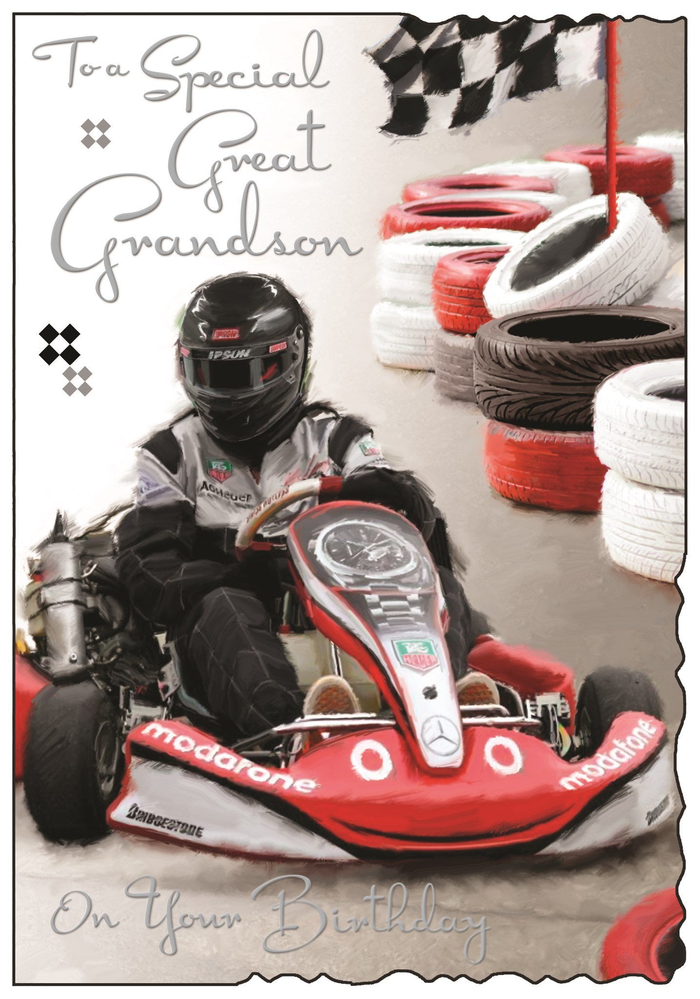Front of Great Grandson Karting Birthday Greetings Card
