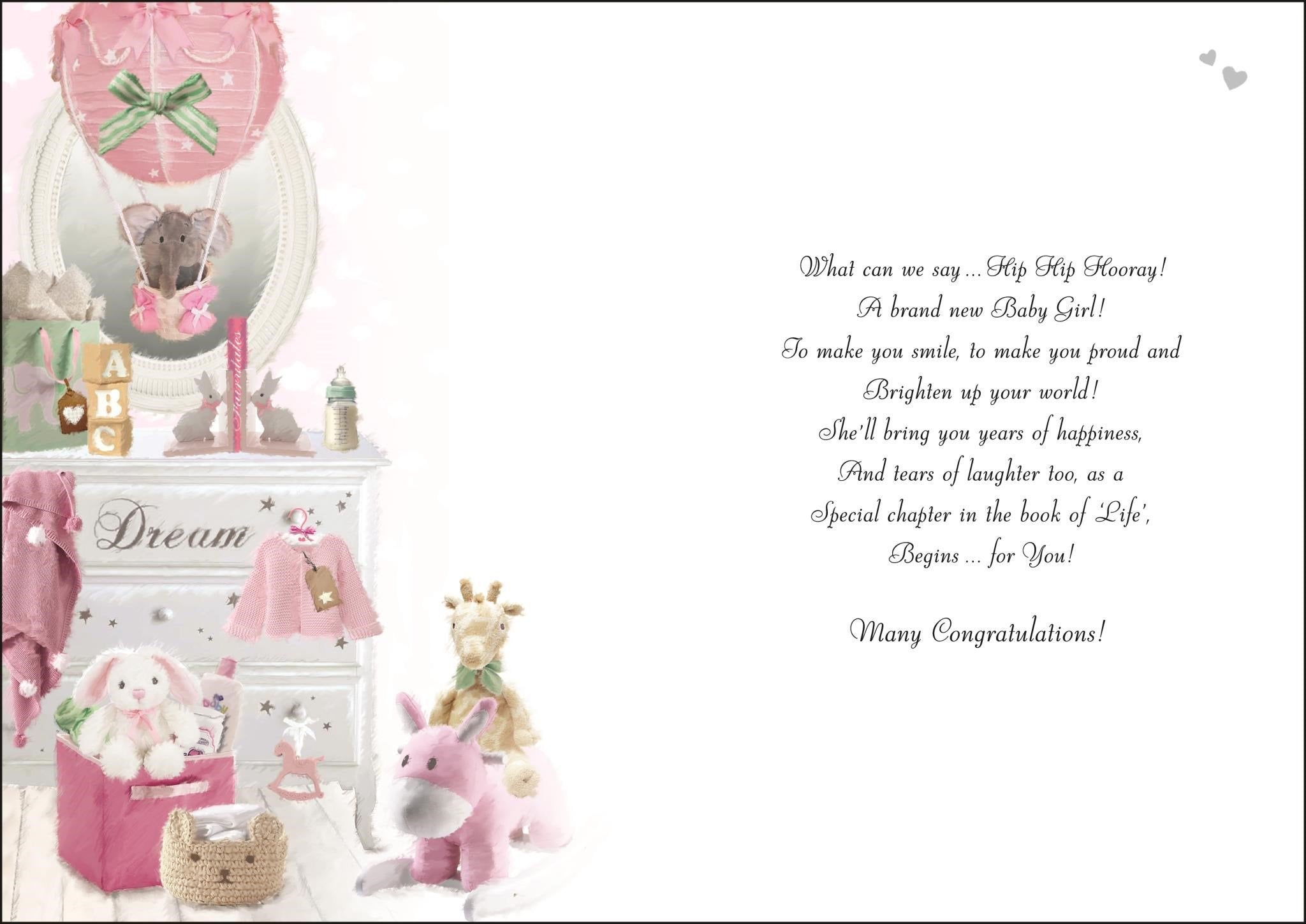 Inside of New Baby Girl Hooray Greetings Card