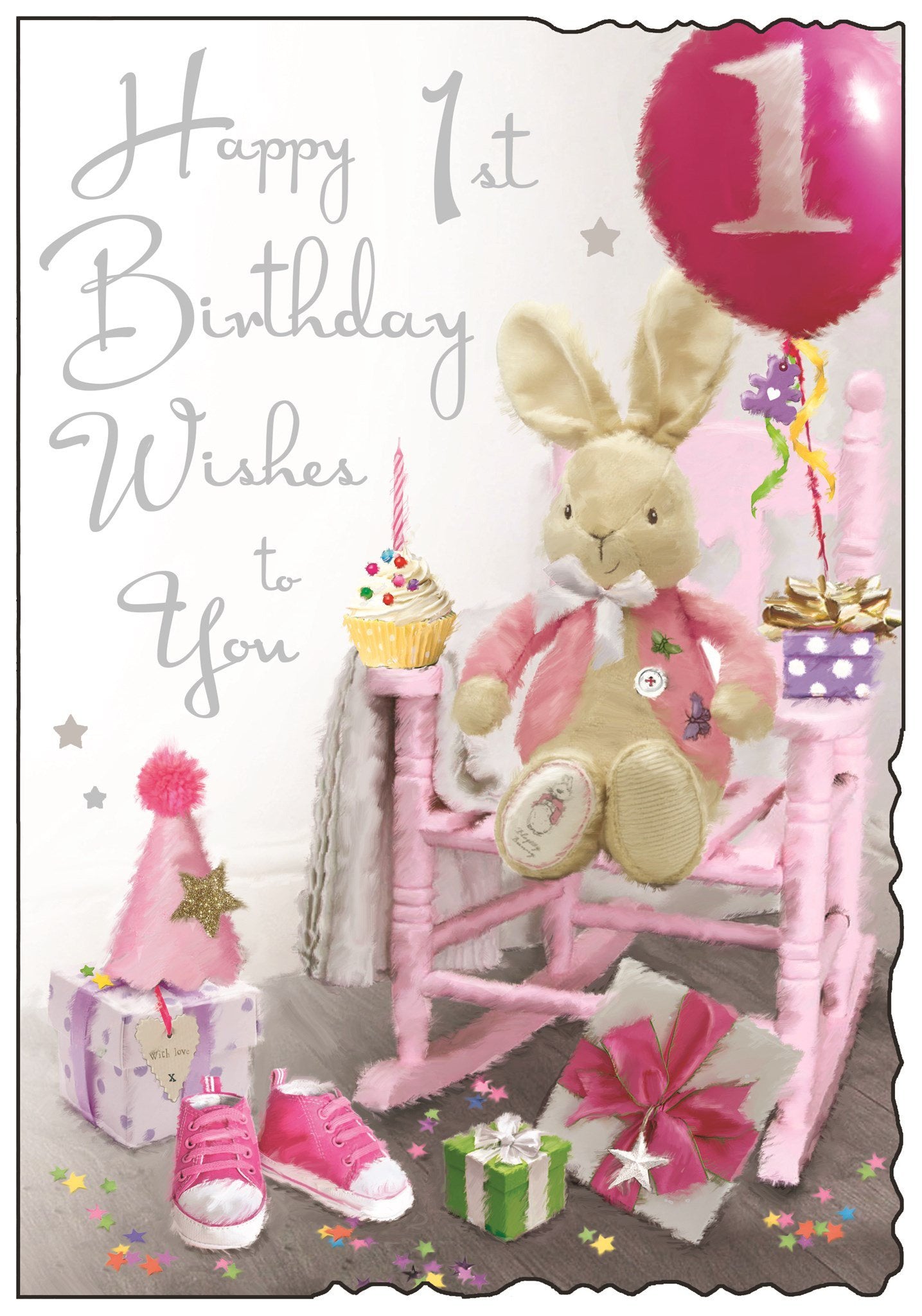 Front of 1st Birthday Girl Wishes Bunny Greetings Card