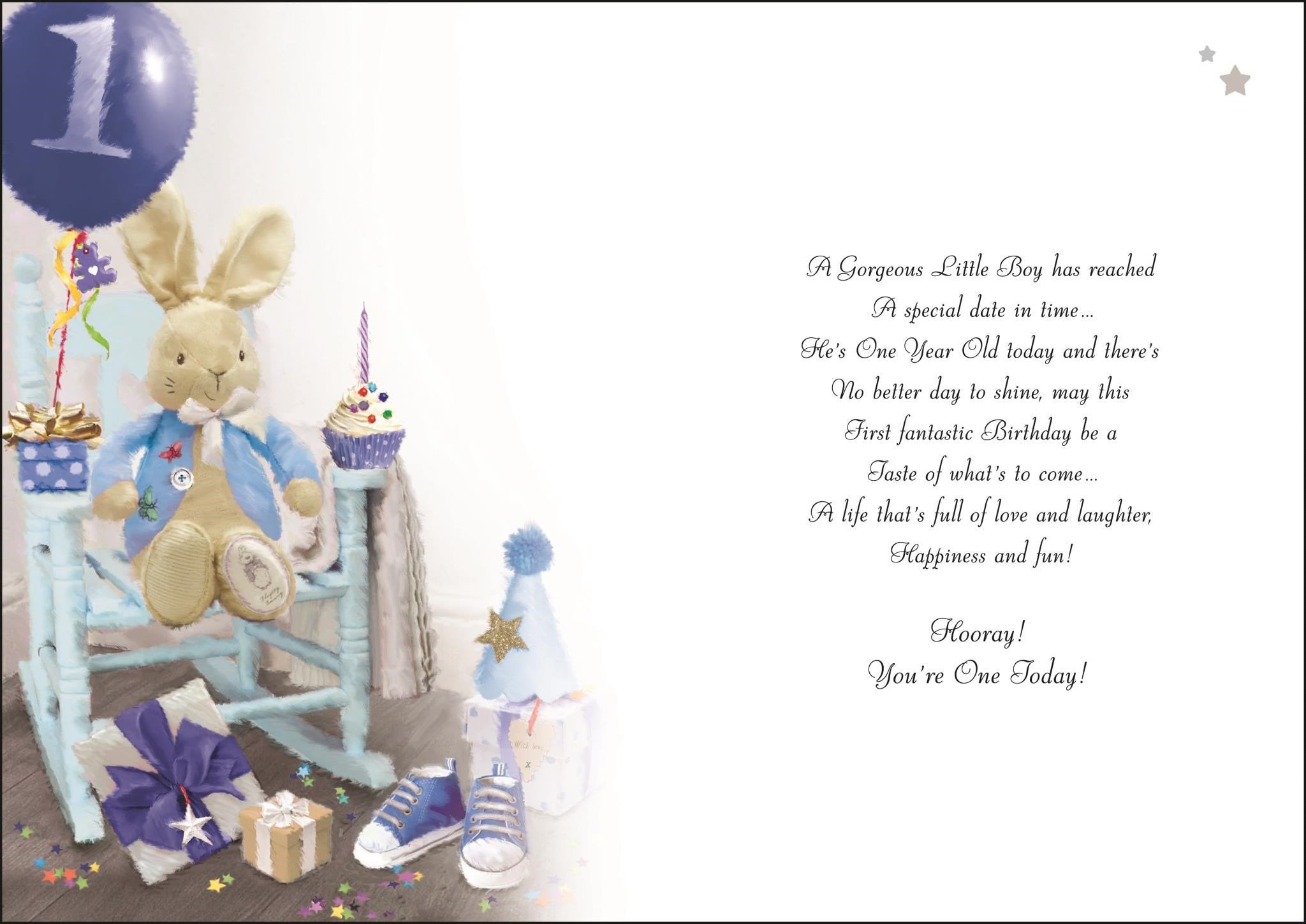 Inside of 1st Birthday Boy Wishes Bunny Greetings Card