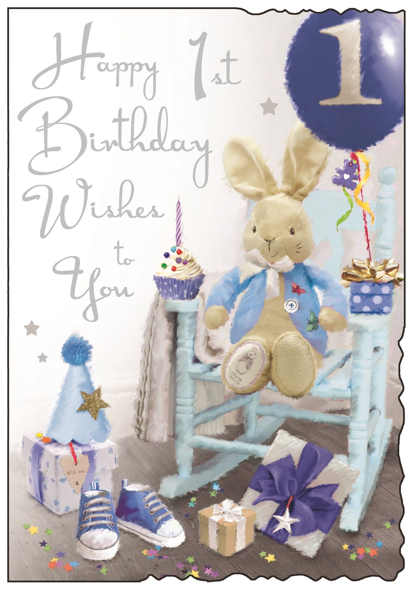 Front of 1st Birthday Boy Wishes Bunny Greetings Card