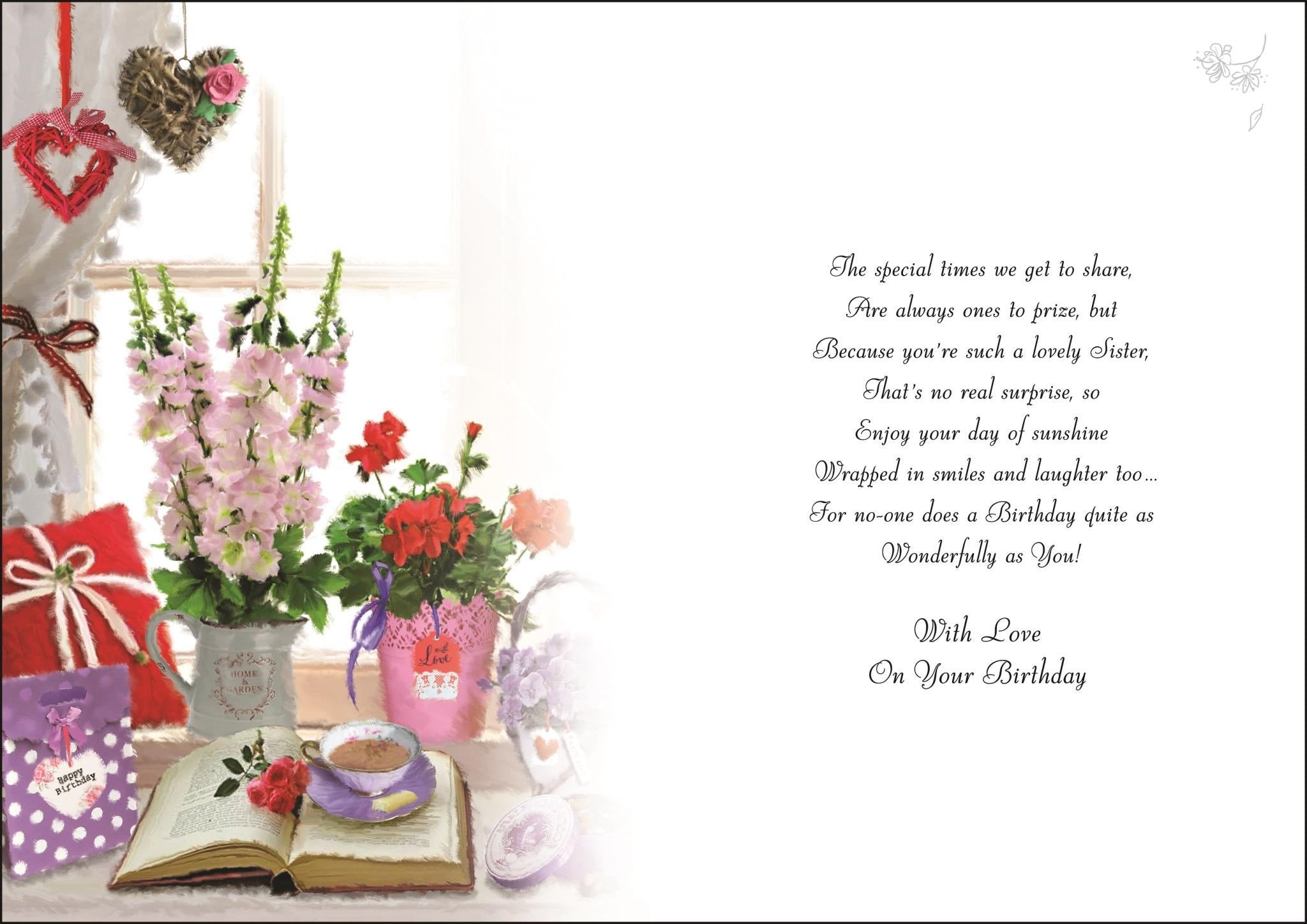 Inside of Sister Window Flowers Birthday Greetings Card