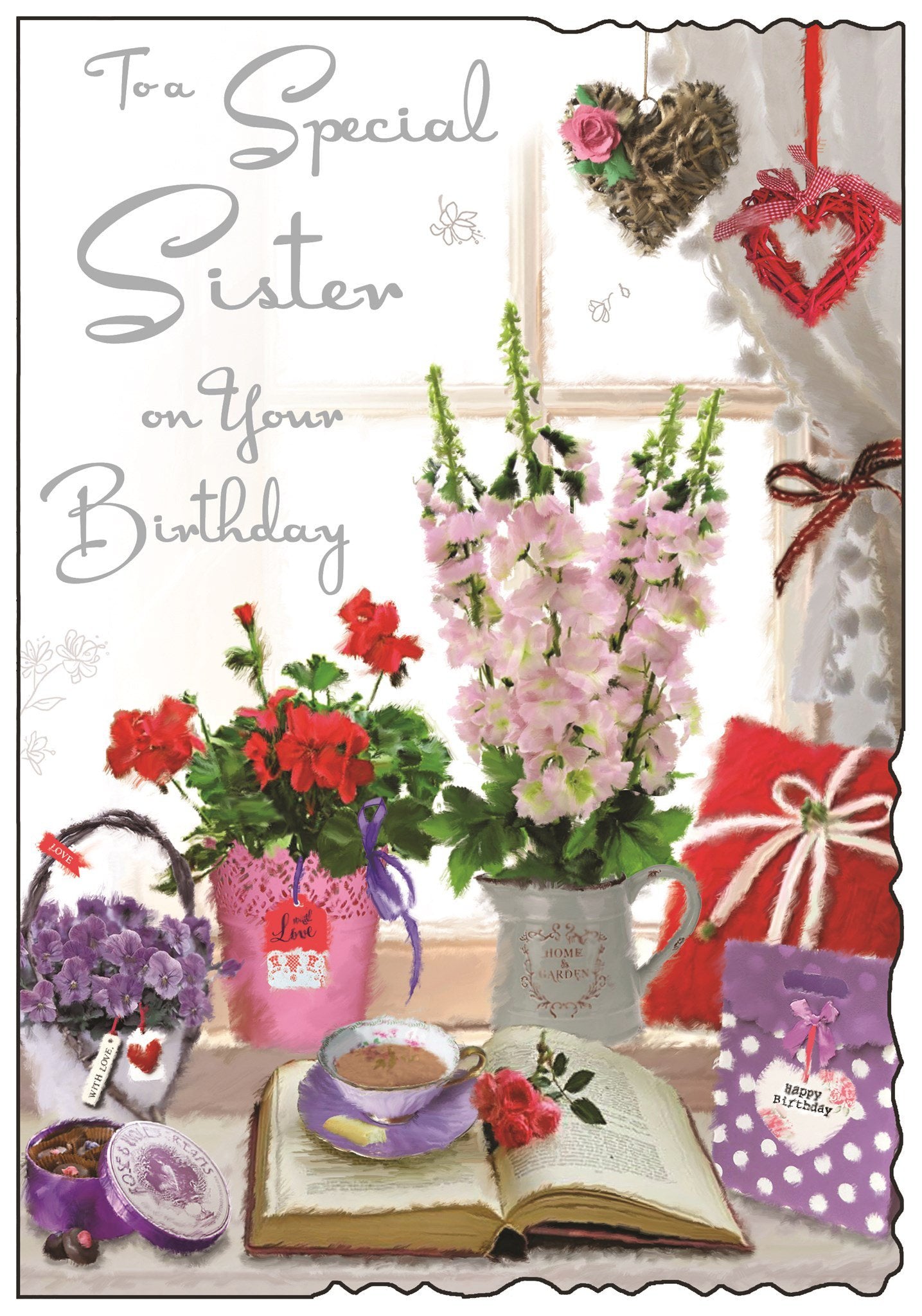 Front of Sister Window Flowers Birthday Greetings Card