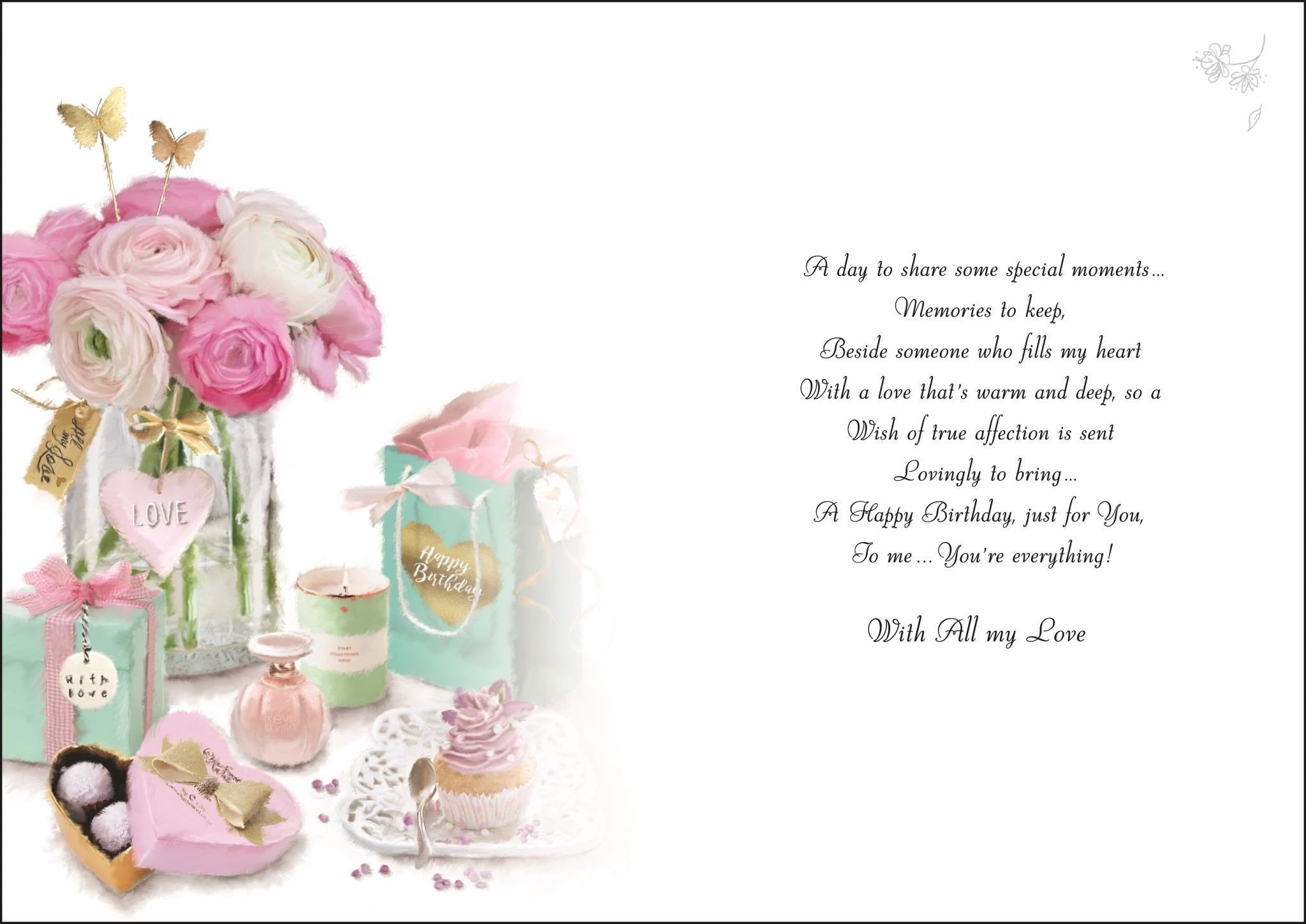 Inside of Wife Pink Flowers Birthday Greetings Card