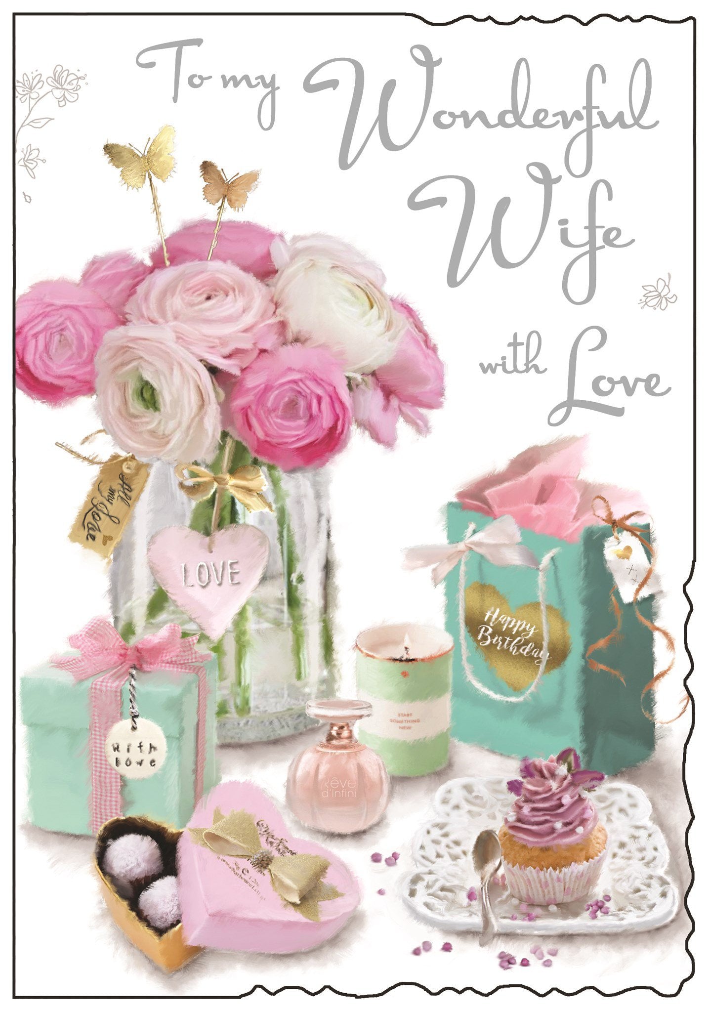 Front of Wife Pink Flowers Birthday Greetings Card