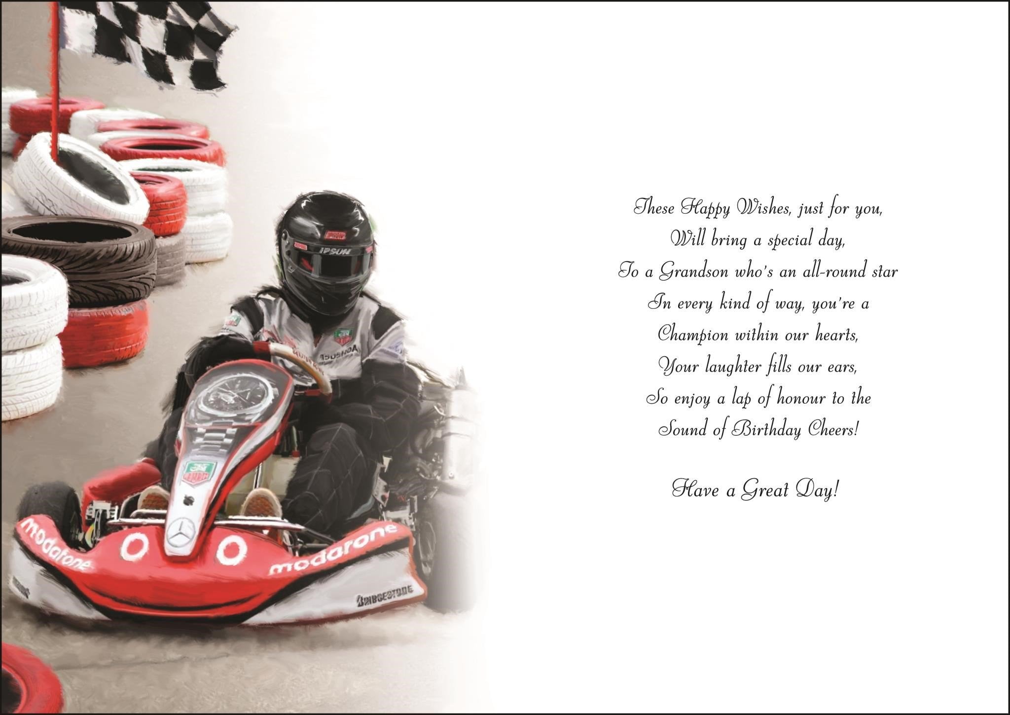 Inside of Grandson Karting Birthday Greetings Card