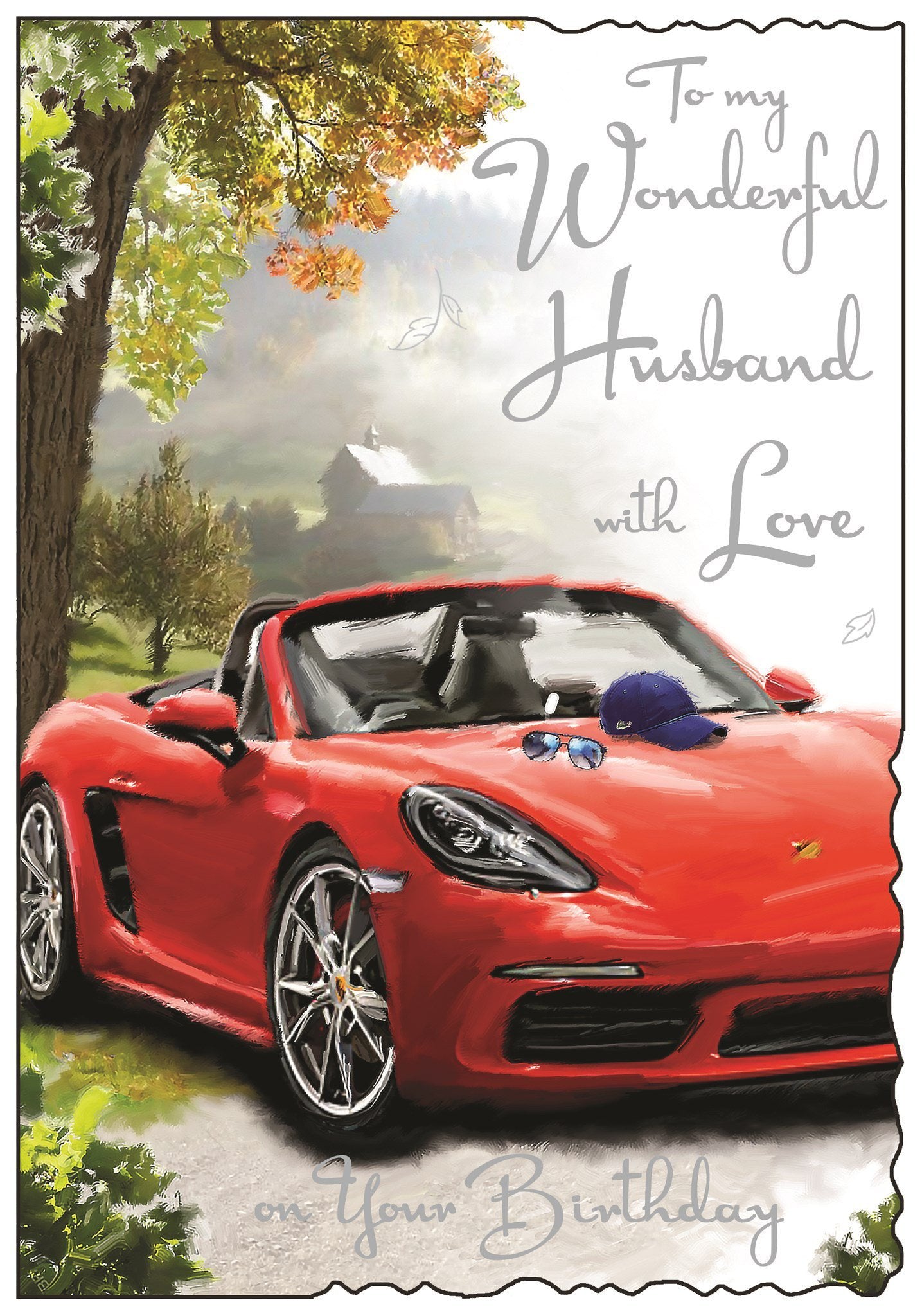 Front of Husband Sports Car Birthday Greetings Card