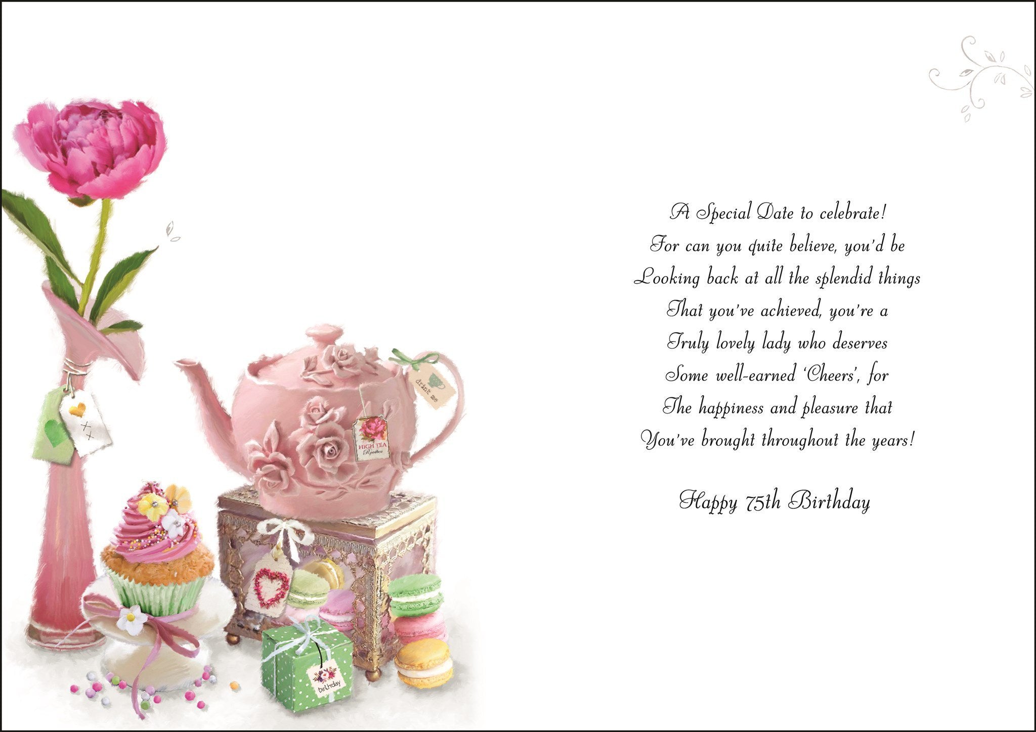 Inside of 75th Birthday Pink Teapot Birthday Greetings Card