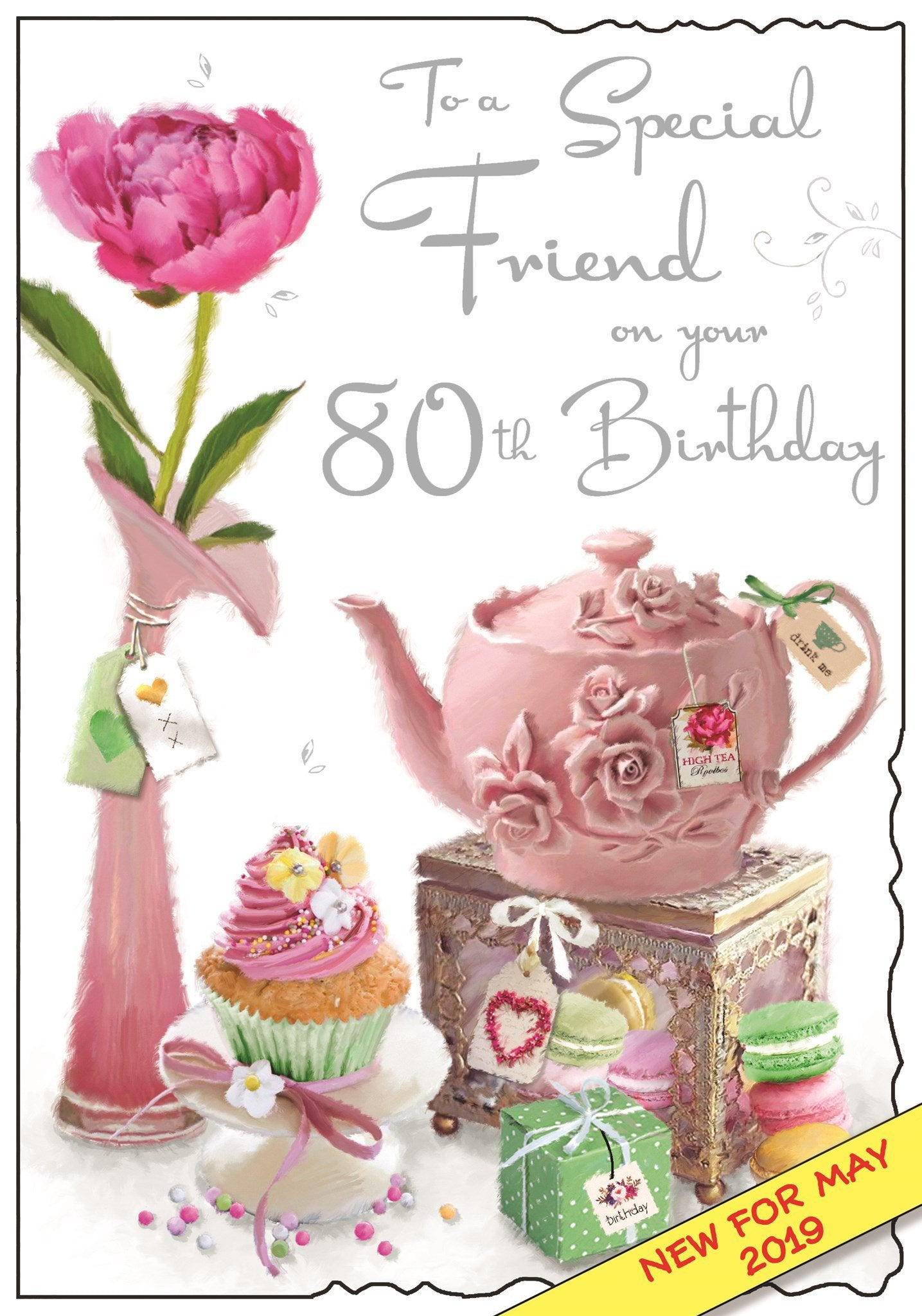 Front of Special Friend 80th Pink Teapot Birthday Greetings Card