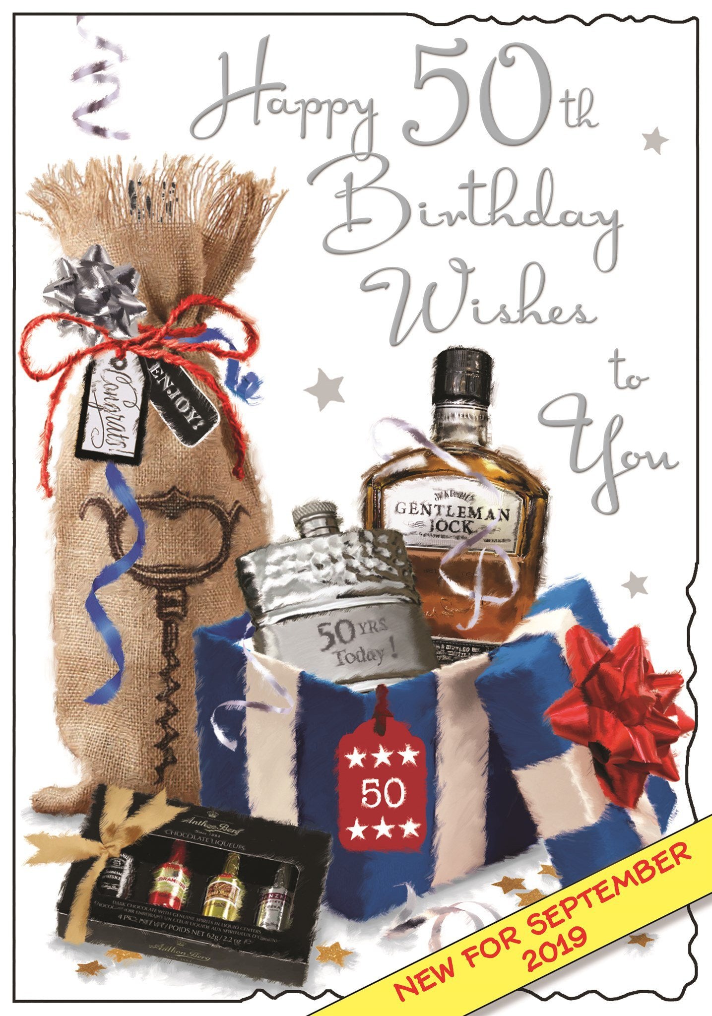 Front of 50th Birthday Hip Flask Birthday Greetings Card