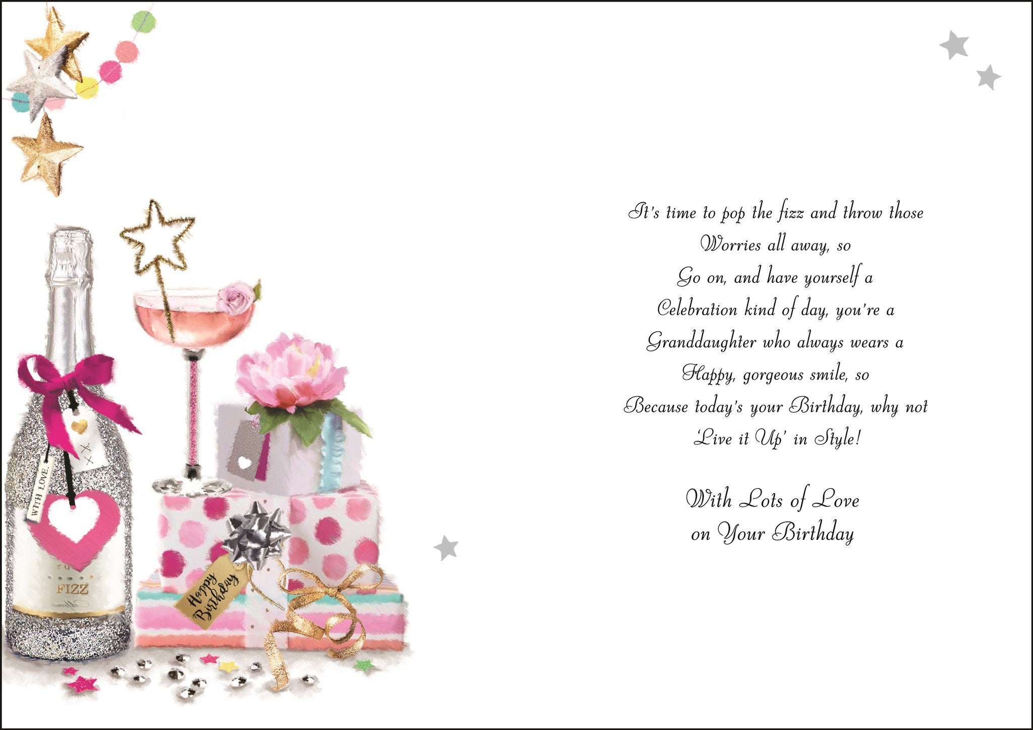 Inside of Granddaughter Glitter Bottle Birthday Greetings Card