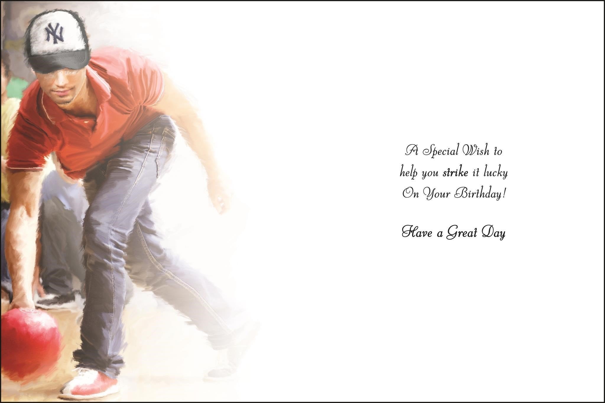 Inside of Open Male Birthday 10-Pin Bowling Greetings Card