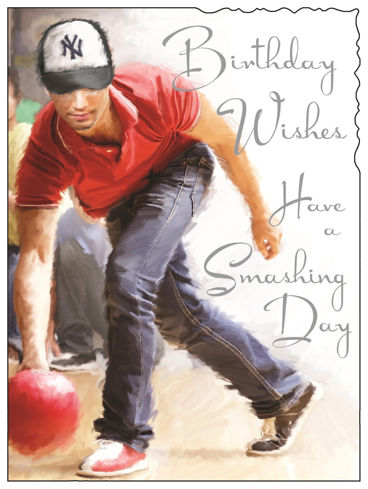 Front of Open Male Birthday 10-Pin Bowling Greetings Card