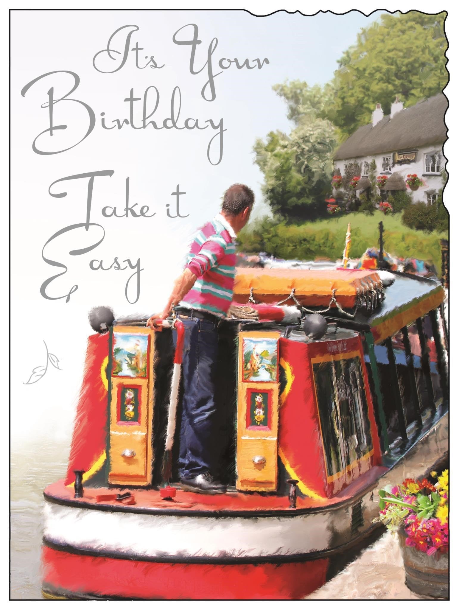 Front of Open Male Birthday Narrow Boat Greetings Card