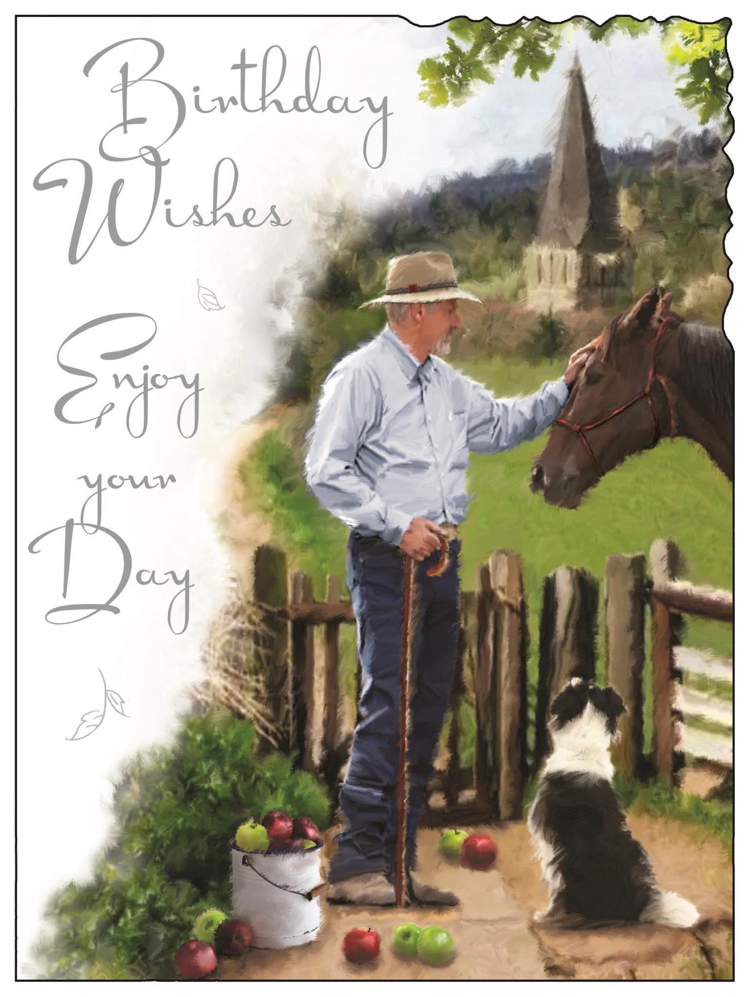 Front of Open Male Birthday Man With Horse Greetings Card
