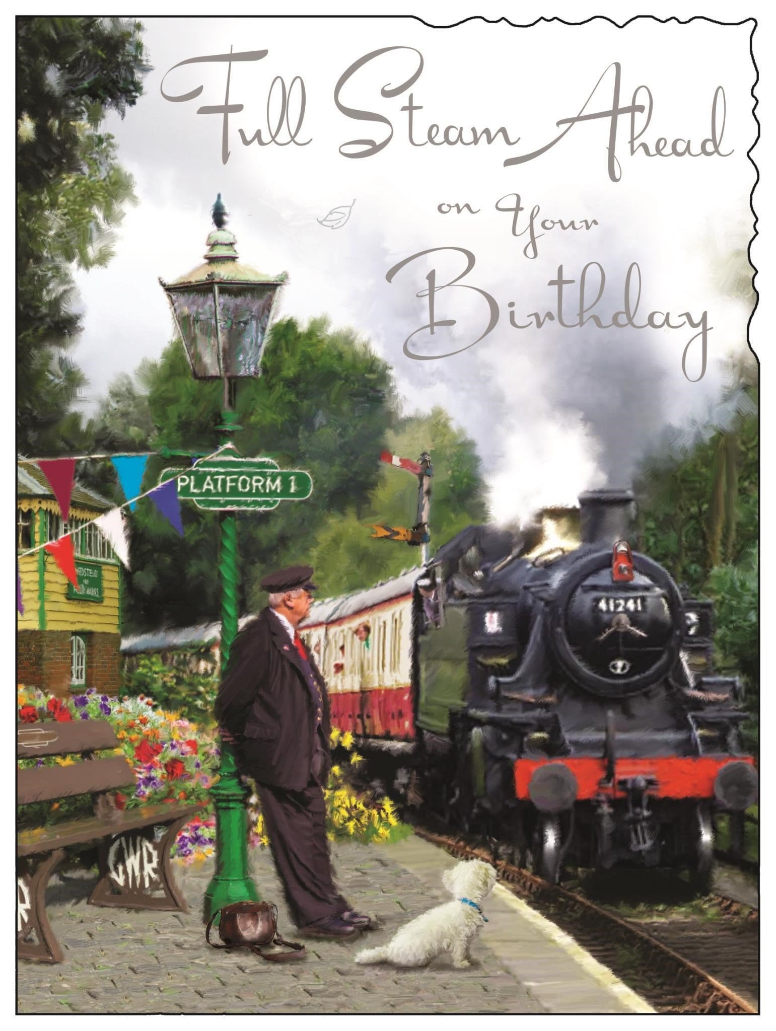 Front of Open Male Birthday Steam Train Greetings Card